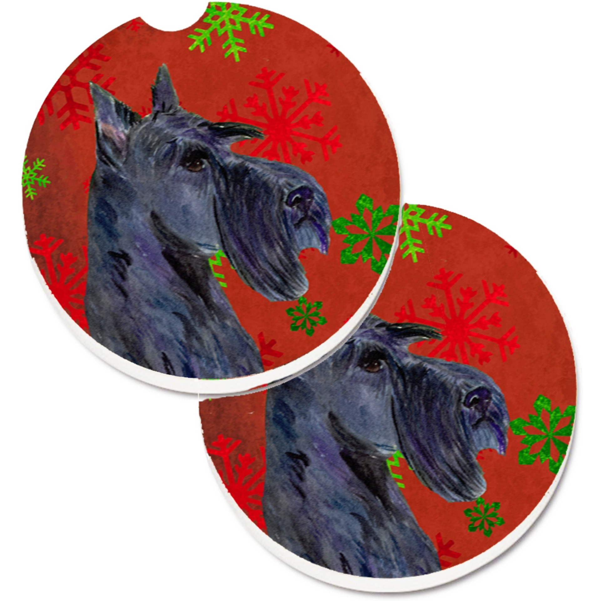 &quotCaroline's Treasures Scottish Terrier Red & green Snowflakes Holiday Christmas Set of 2 Cup Holder Car Coasters SS4736CARC, 2.56, Multicolor"