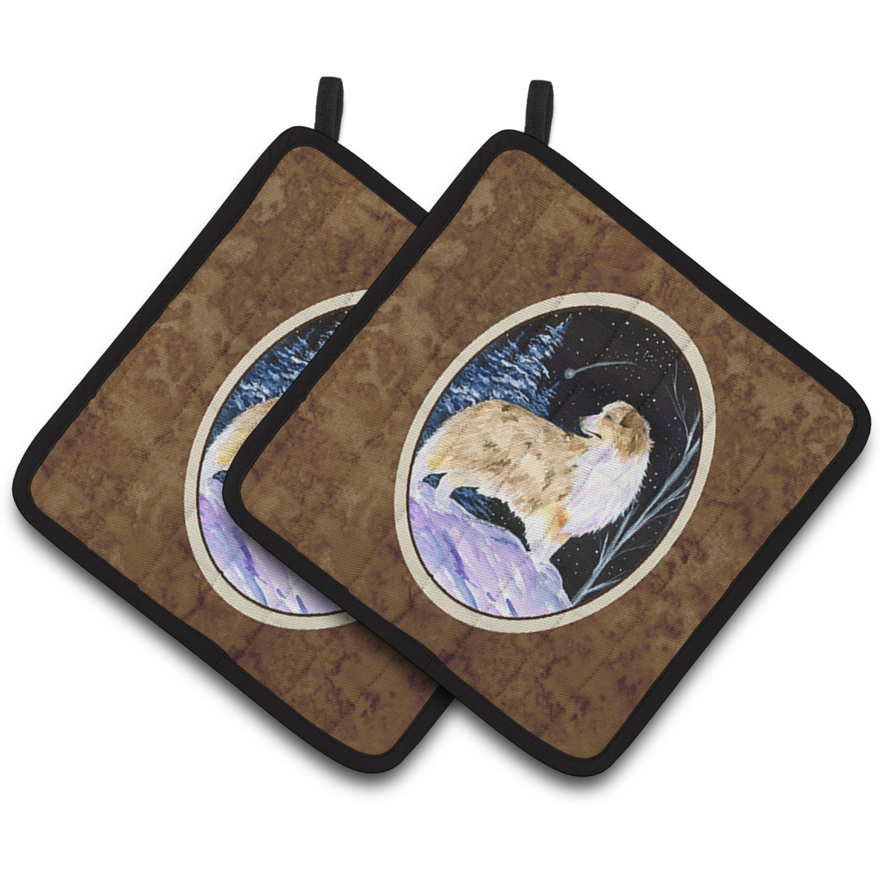 &quotCaroline's Treasures Starry Night Australian Shepherd Pair of Pot Holders SS8359PTHD, 7.5HX7.5W, Multicolor"