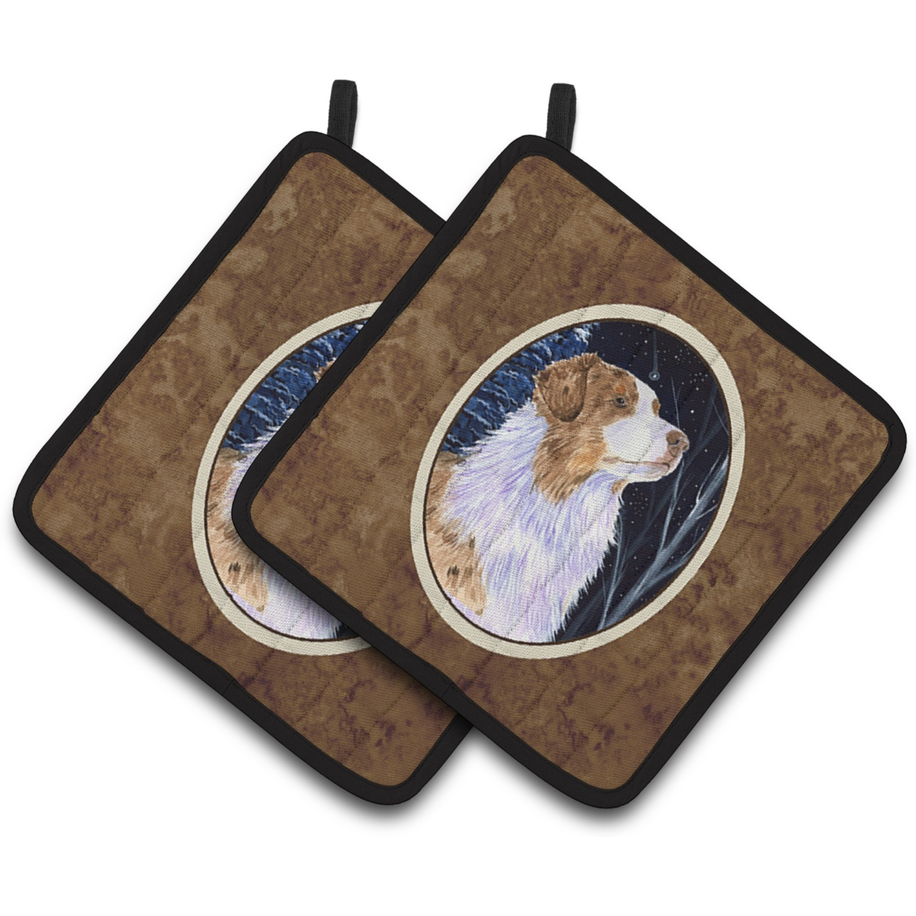 &quotCaroline's Treasures Starry Night Australian Shepherd Pair of Pot Holders SS8375PTHD, 7.5HX7.5W, Multicolor"