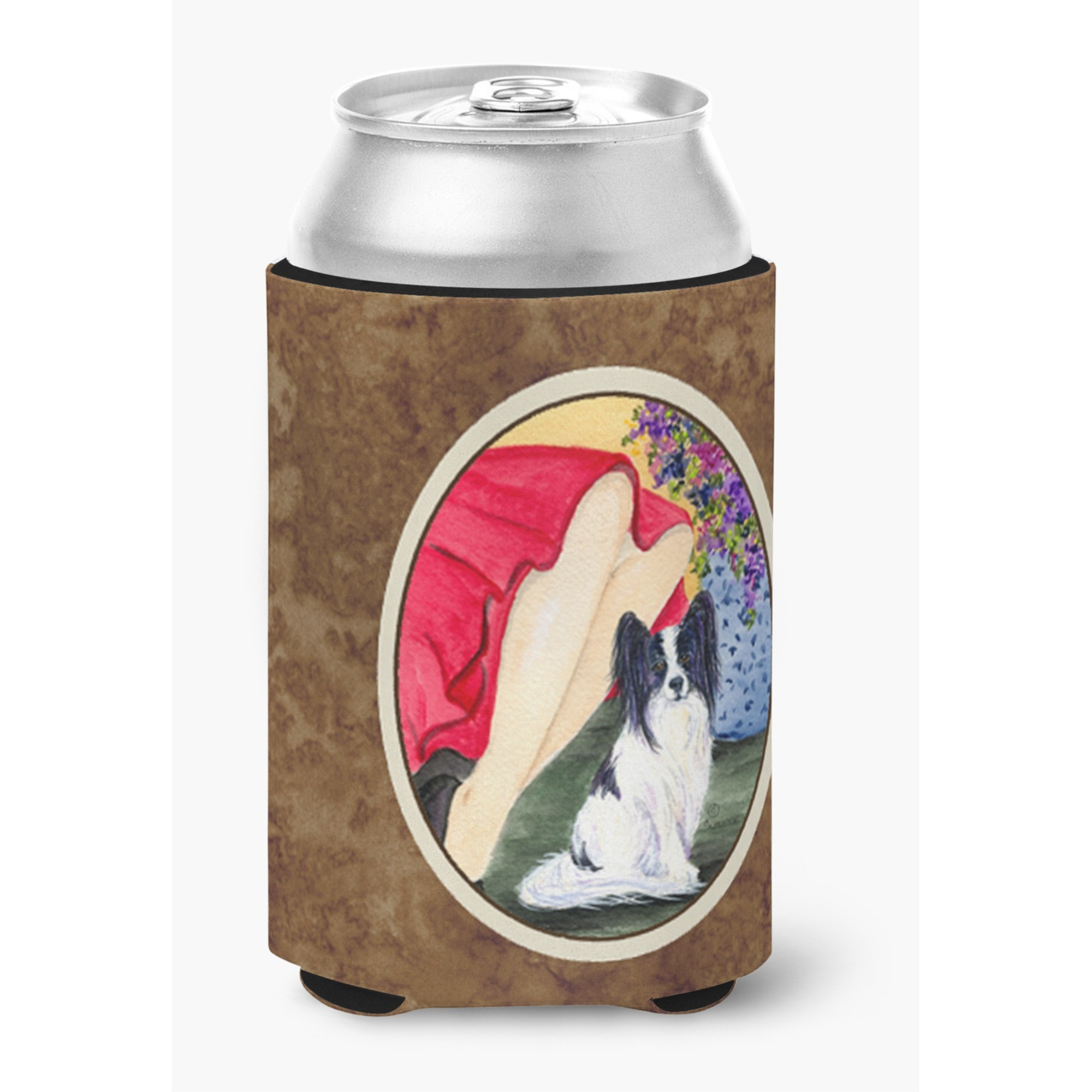 Lady with her Papillon Can or Bottle Beverage Insulator Hugger