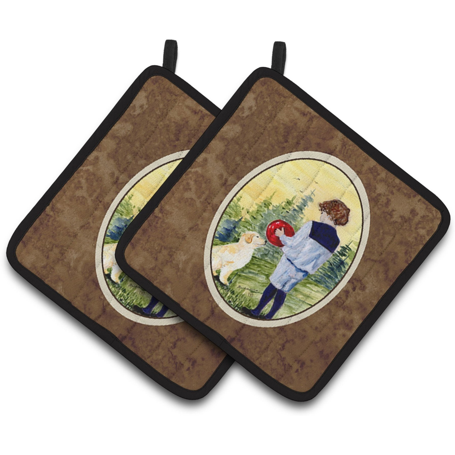 &quotCaroline's Treasures Little Boy with His Golden Retriever Pair of Pot Holders SS8530PTHD, 7.5HX7.5W, Multicolor"