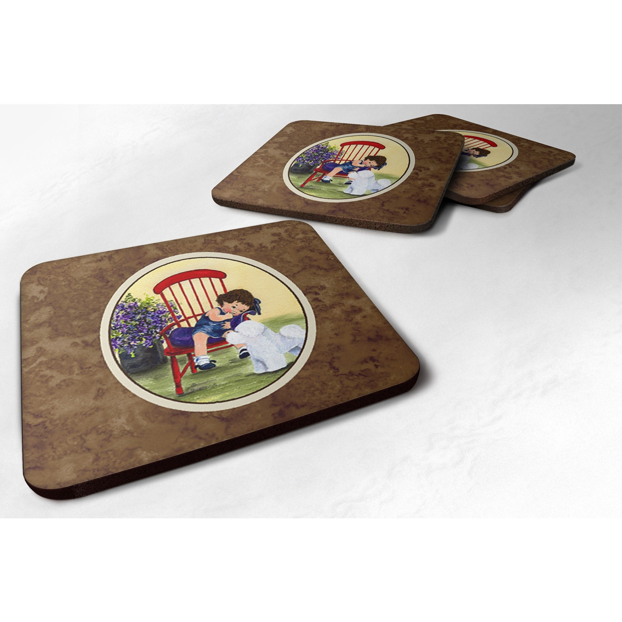 &quotCaroline's Treasures SS8533FC Little Girl with Her Bichon Frise Foam Coasters (Set of 4), 3.5"" H x 3.5"" W, Multicolor"