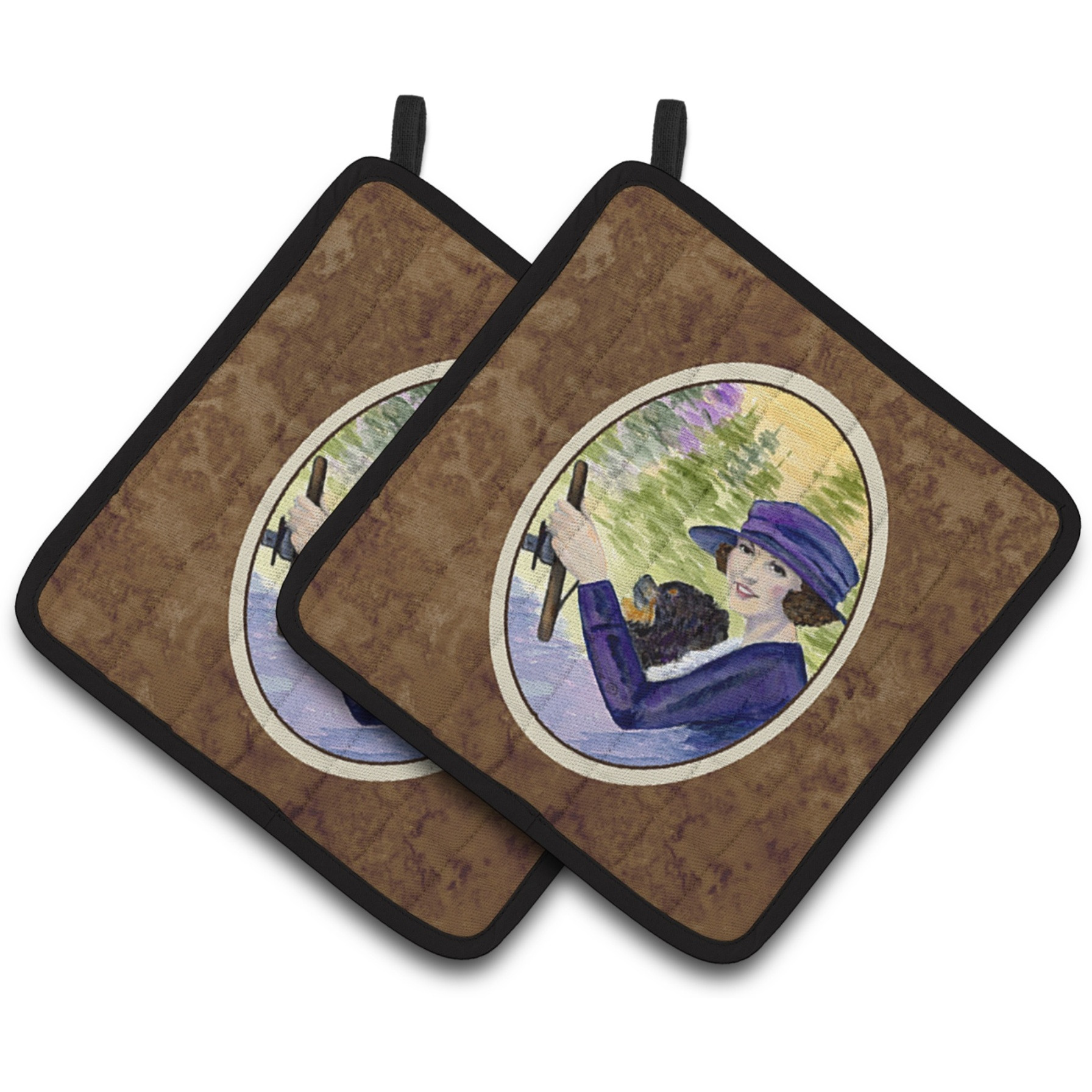 &quotCaroline's Treasures Lady Driving with Her Pomeranian Pair of Pot Holders SS8538PTHD, 7.5HX7.5W, Multicolor"