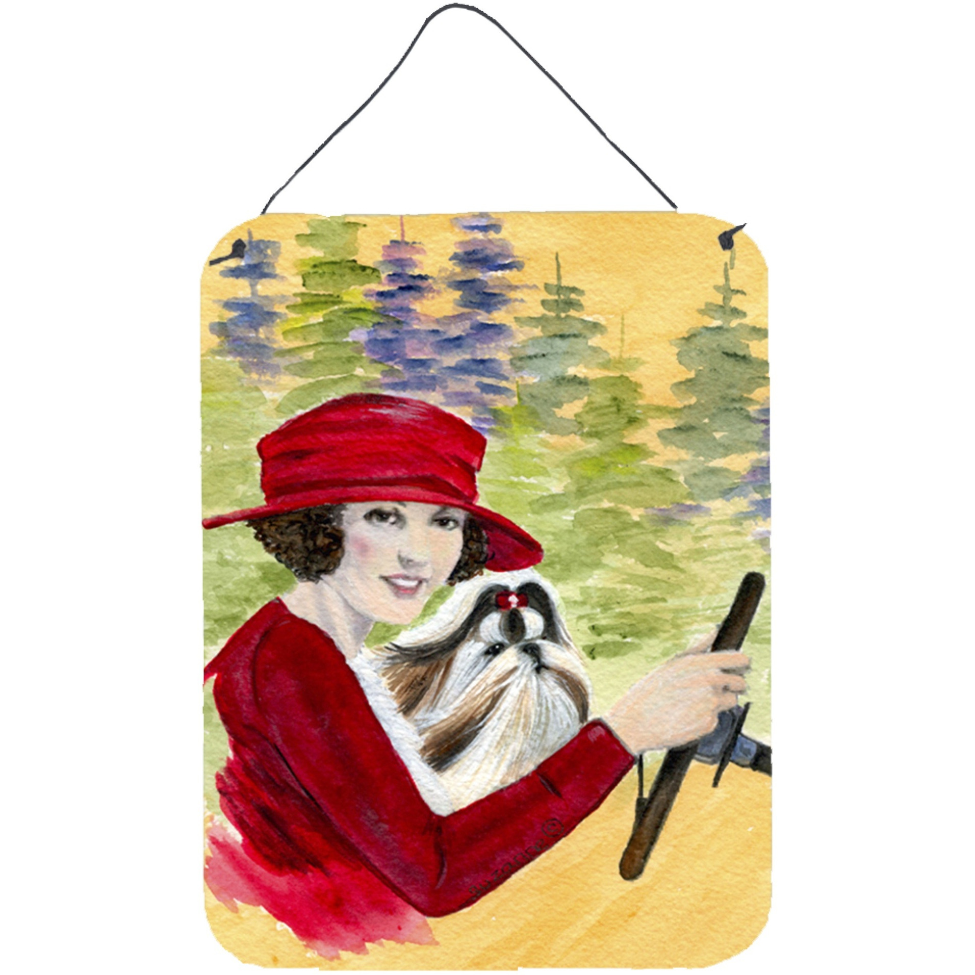 &quotCaroline's Treasures Lady Driving with Her Shih Tzu Aluminium Metal Wall or Door Hanging Prints, 16"" x 12"", Multicolor"