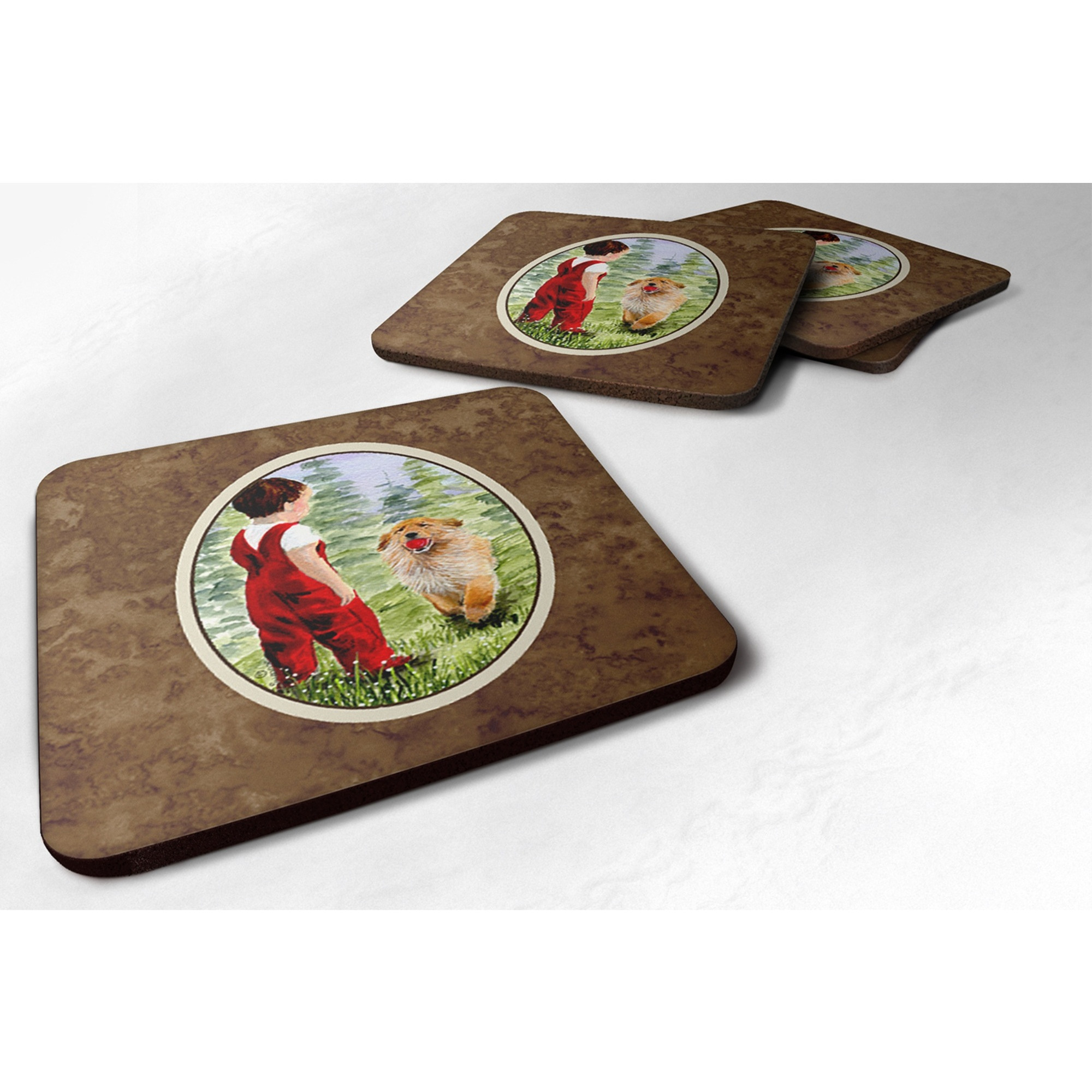 &quotCaroline's Treasures SS8545FC Little Boy with His Golden Retriever Foam Coasters (Set of 4), 3.5"" H x 3.5"" W, Multicolor"