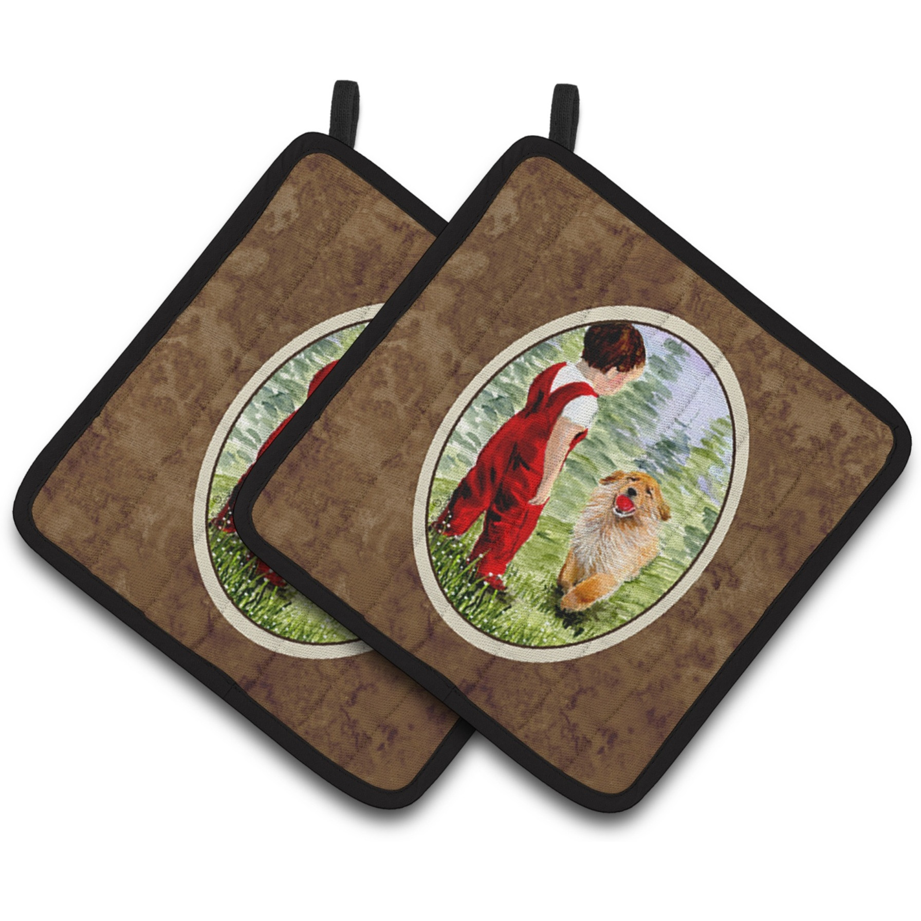 &quotCaroline's Treasures Little Boy with His Golden Retriever Pair of Pot Holders SS8545PTHD, 7.5HX7.5W, Multicolor"