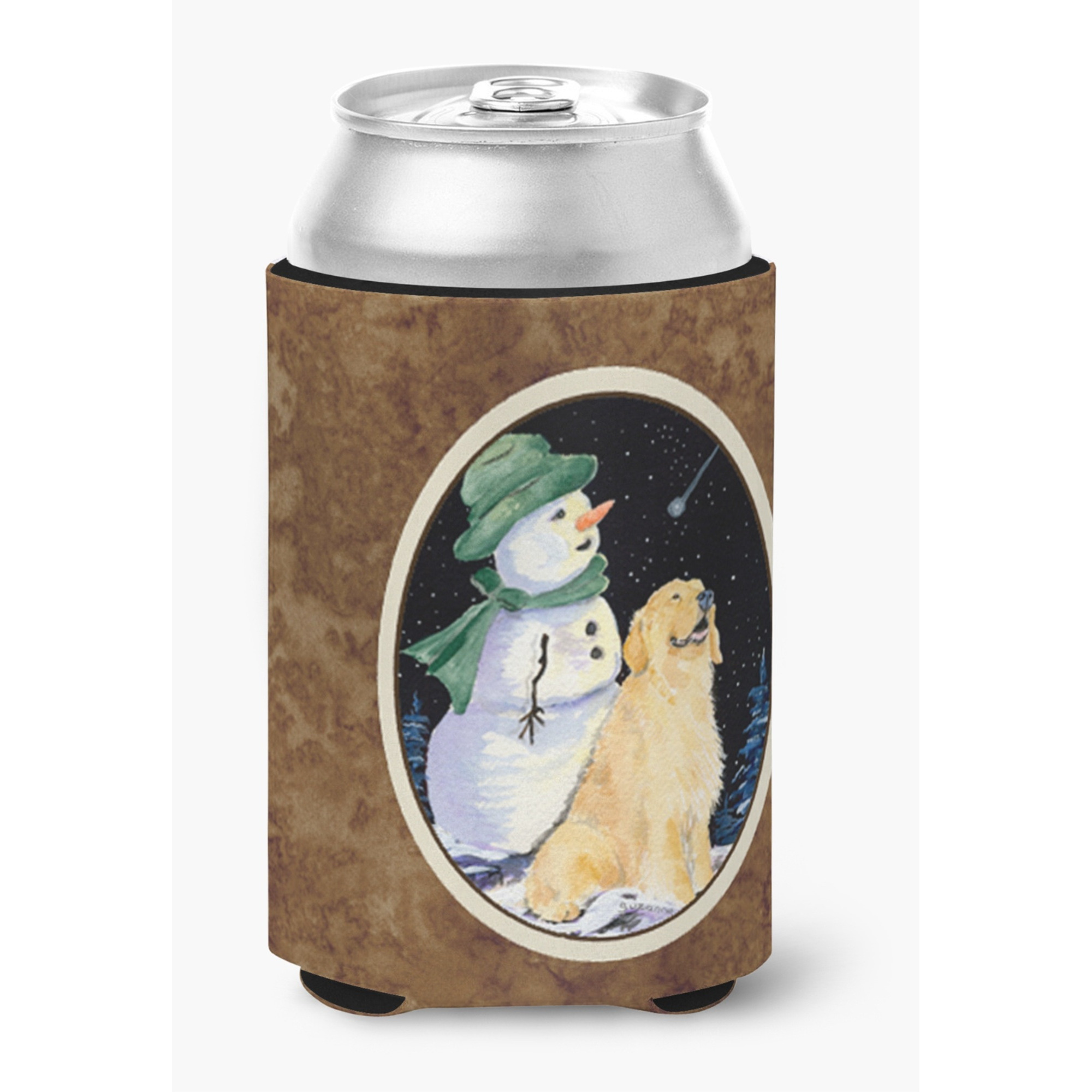 Golden Retriever with Snowman in Green Hat Can or Bottle Beverage Insulator Hugger