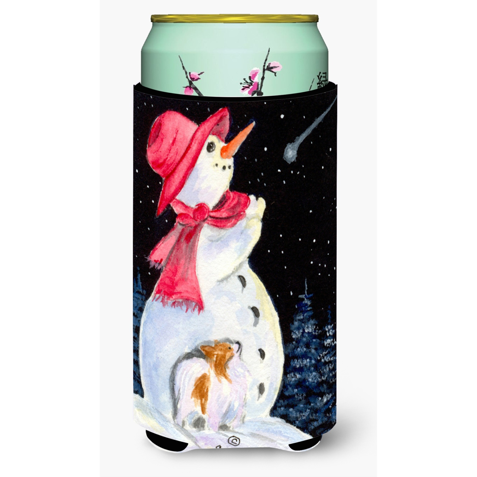 Snowman with Papillon  Tall Boy Beverage Insulator Beverage Insulator Hugger