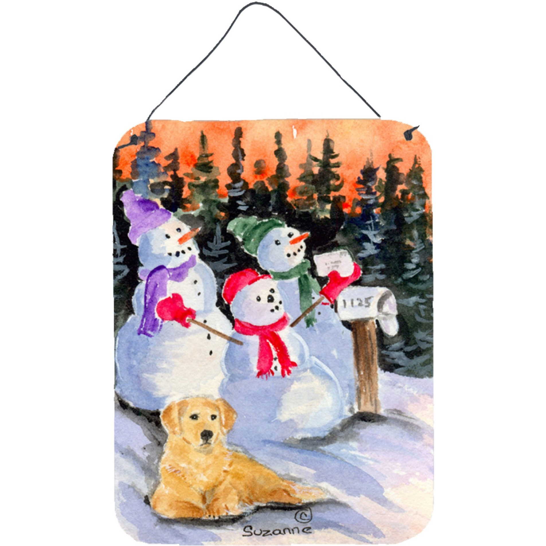 &quotCaroline's Treasures SS8989DS1216 Snowman with Golden Retriever Aluminium Metal Wall or Door Hanging Prints, 16"" x 12"", Multicolor"