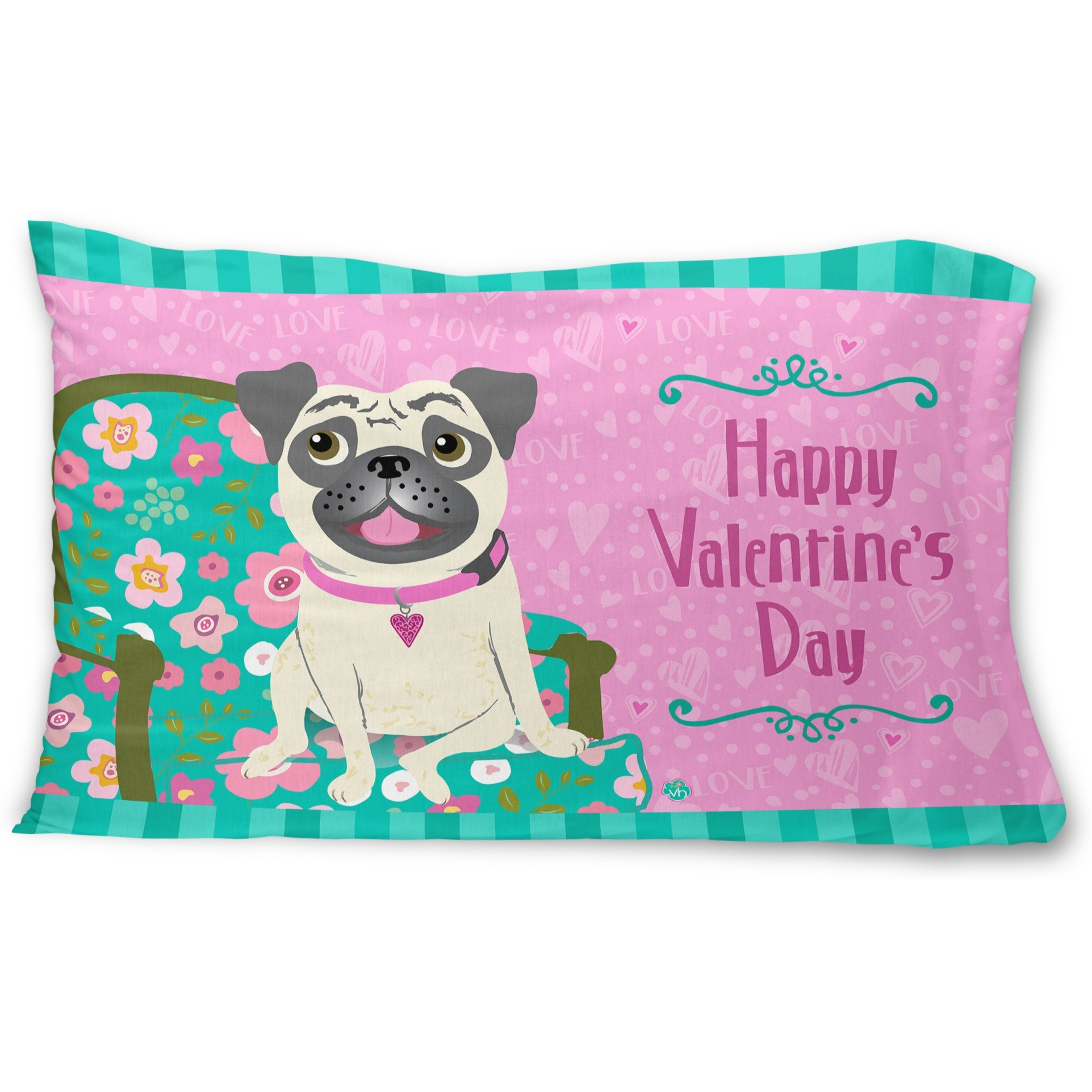 &quotCaroline's Treasures Happy Valentine's Day Pug Fabric Standard Pillowcase VHA3002PILLOWCASE, Multicolor"