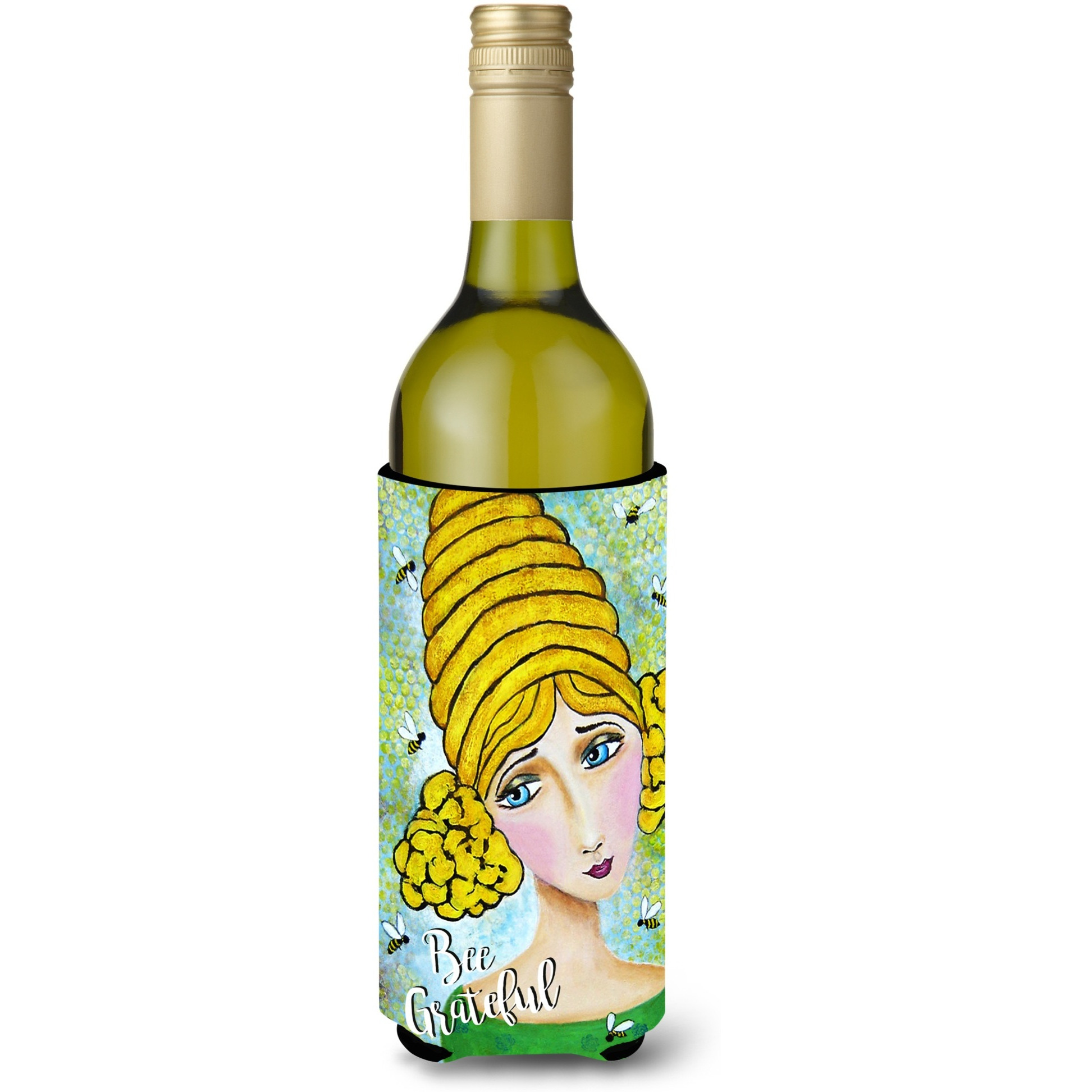 &quotCaroline's Treasures VHA3008LITERK Bee Grateful Girl With Beehive Wine Bottle Koozie Hugger, 750ml, Multicolor"