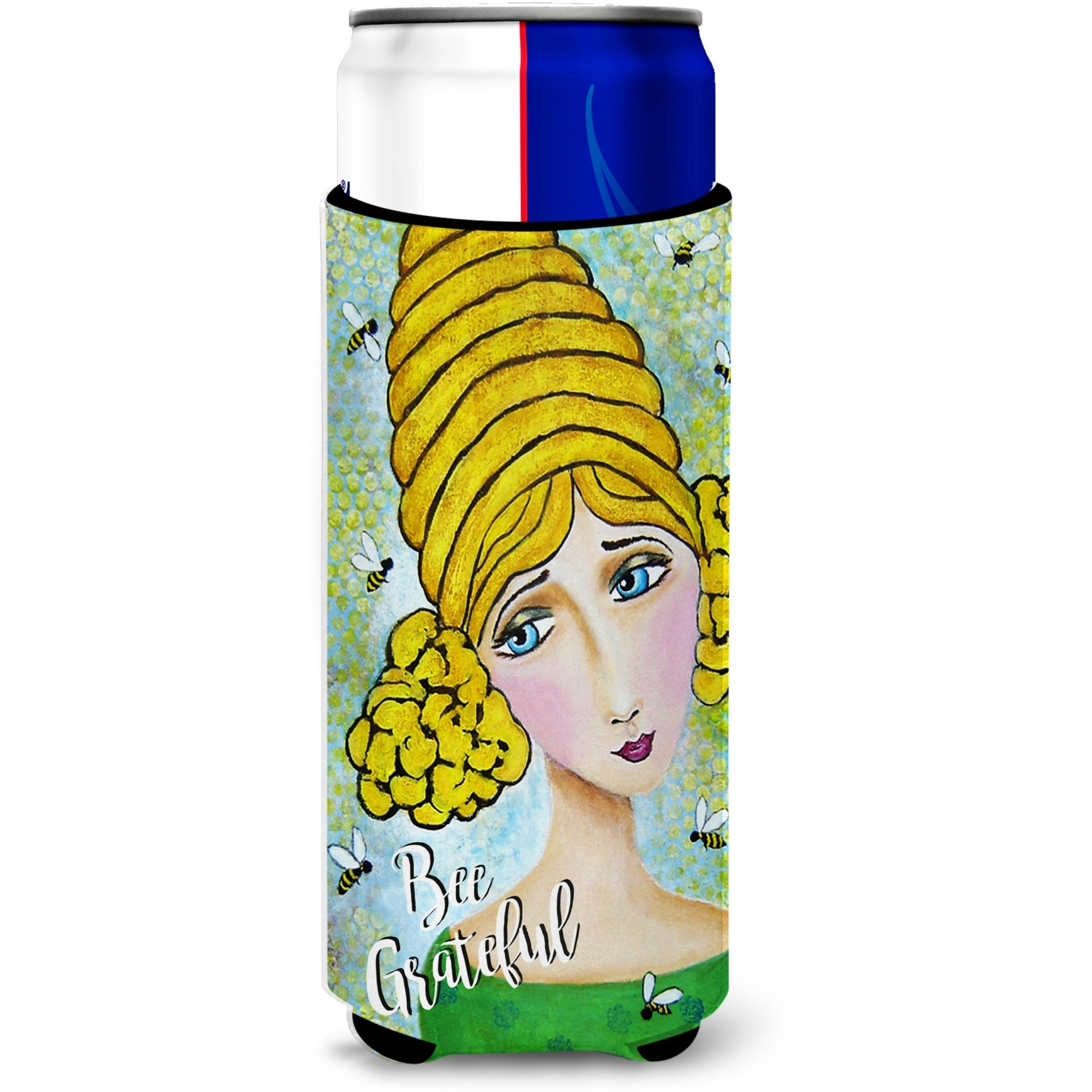 &quotCaroline's Treasures VHA3008MUK Bee Grateful Girl With Beehive Michelob Ultra Koozies For Slim Cans, Multicolor"