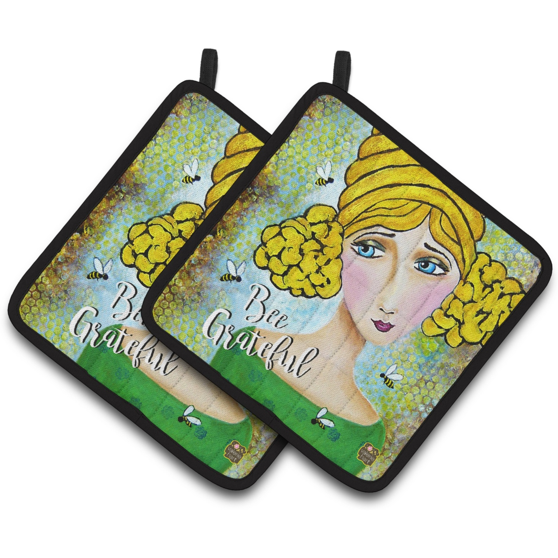 &quotCaroline's Treasures Bee Grateful Girl with Beehive Pair of Pot Holders VHA3008PTHD, 7.5HX7.5W, Multicolor"