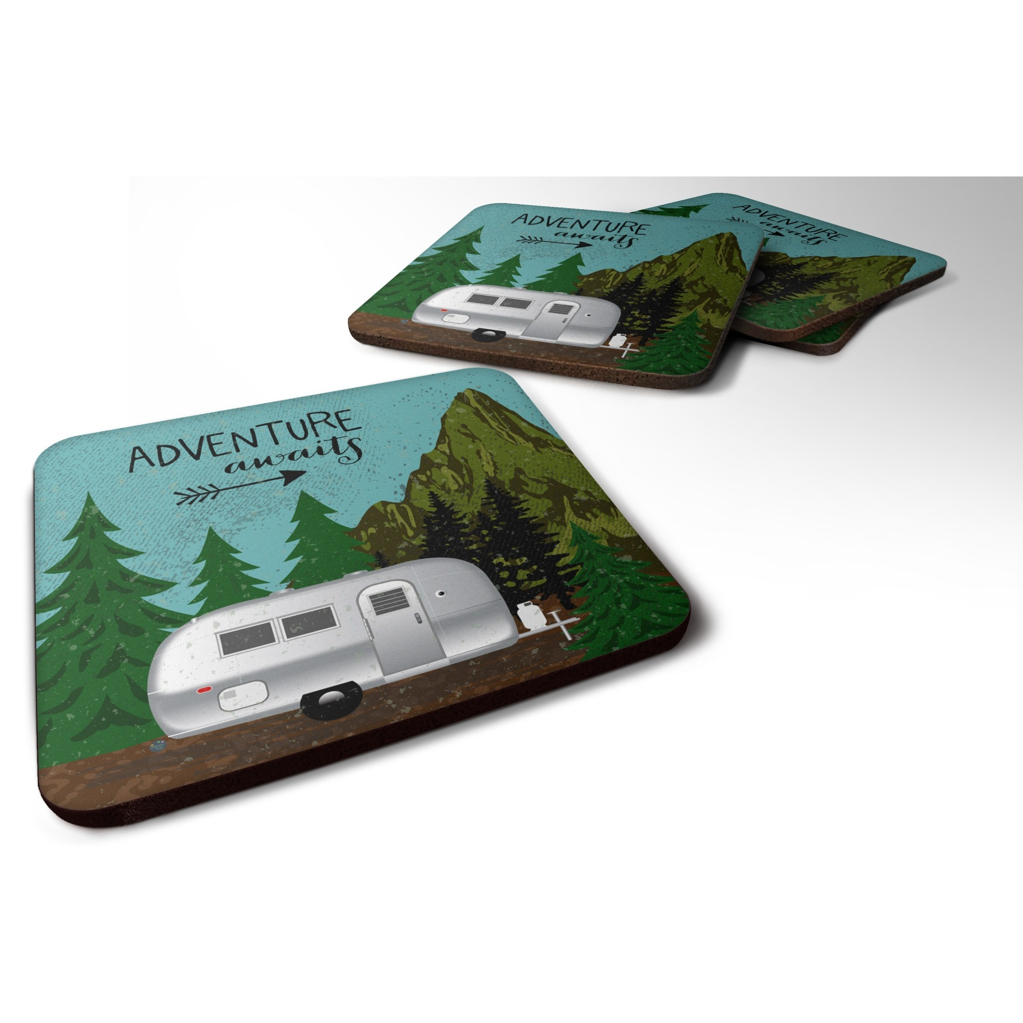 &quotCaroline's Treasures Airstream Camper Adventure Awaits Foam Coaster Set of 4, 3.5, Multicolor"