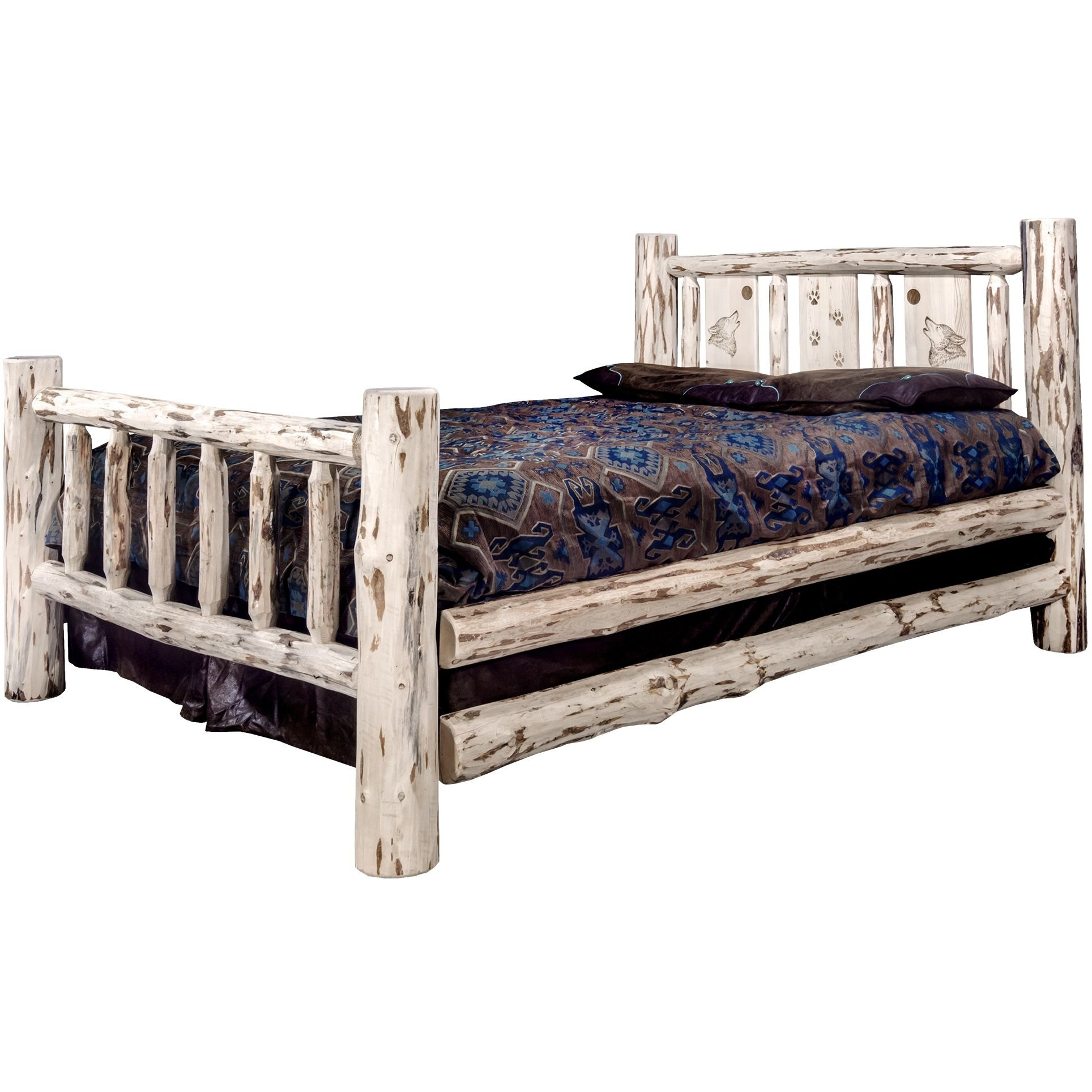 Montana Collection King Bed w/ Laser Engraved Wolf Design, Ready to Finish