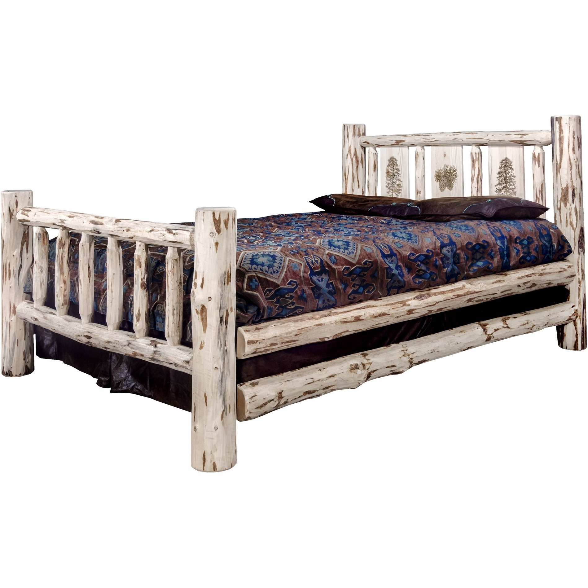 Montana Collection California King Bed w/ Laser Engraved Pine Tree Design, Ready to Finish