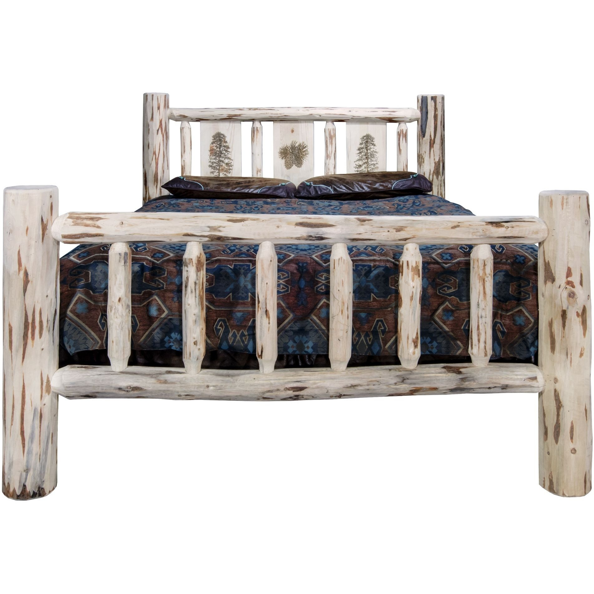 Montana Collection California King Bed w/ Laser Engraved Pine Tree Design, Ready to Finish