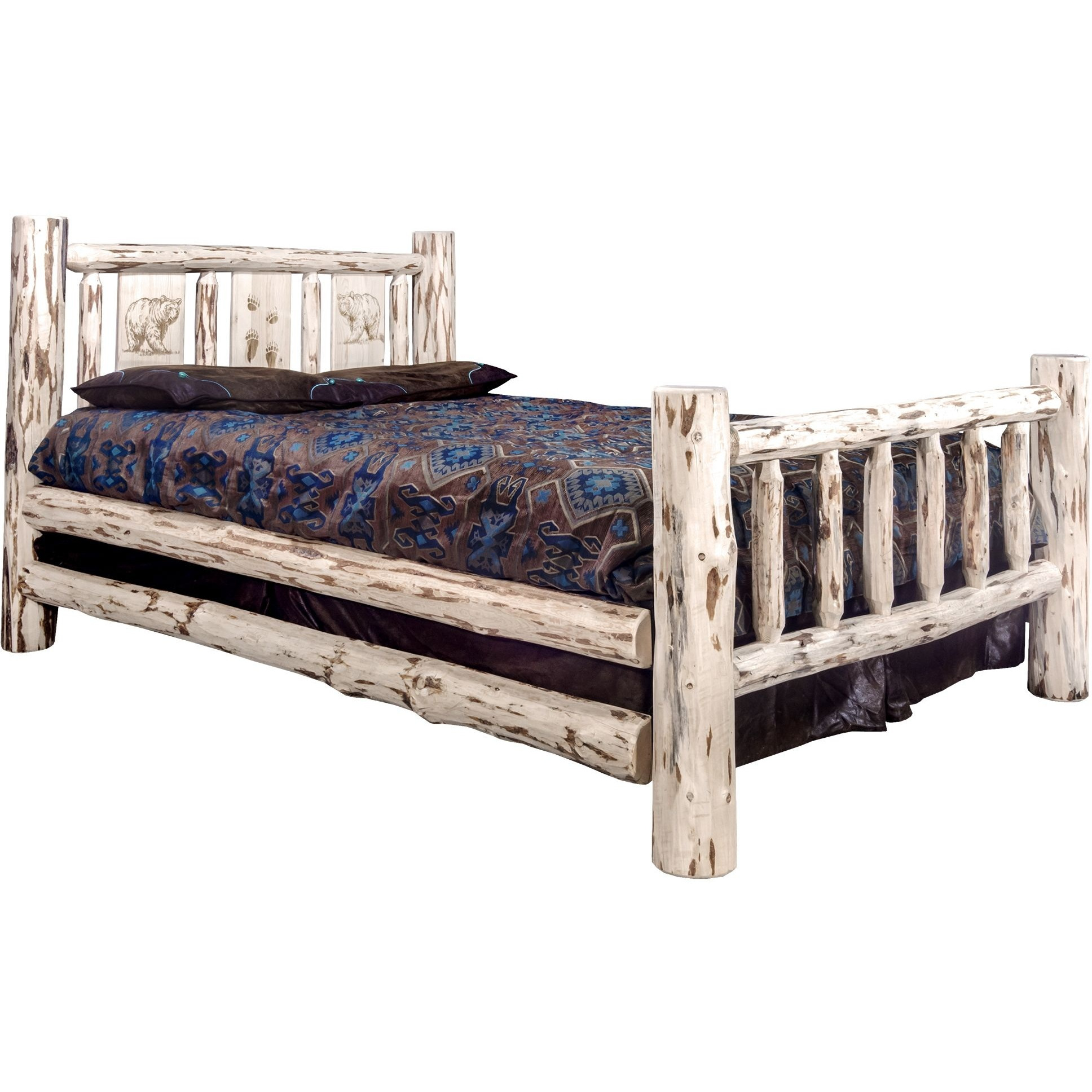 Montana Collection King Bed w/ Laser Engraved Bear Design, Clear Lacquer Finish