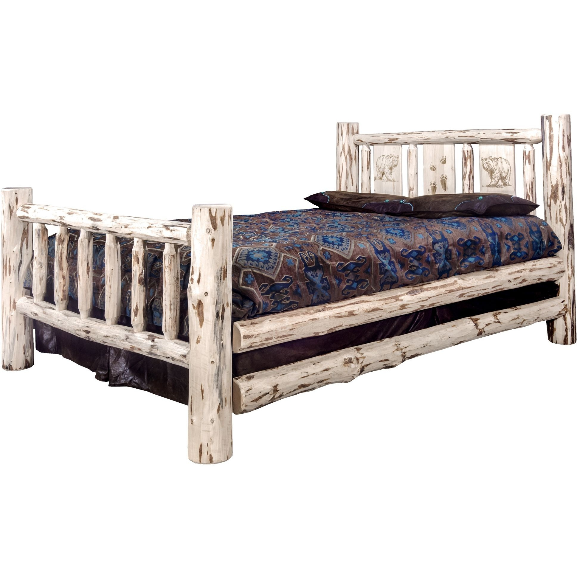 Montana Collection King Bed w/ Laser Engraved Bear Design, Clear Lacquer Finish