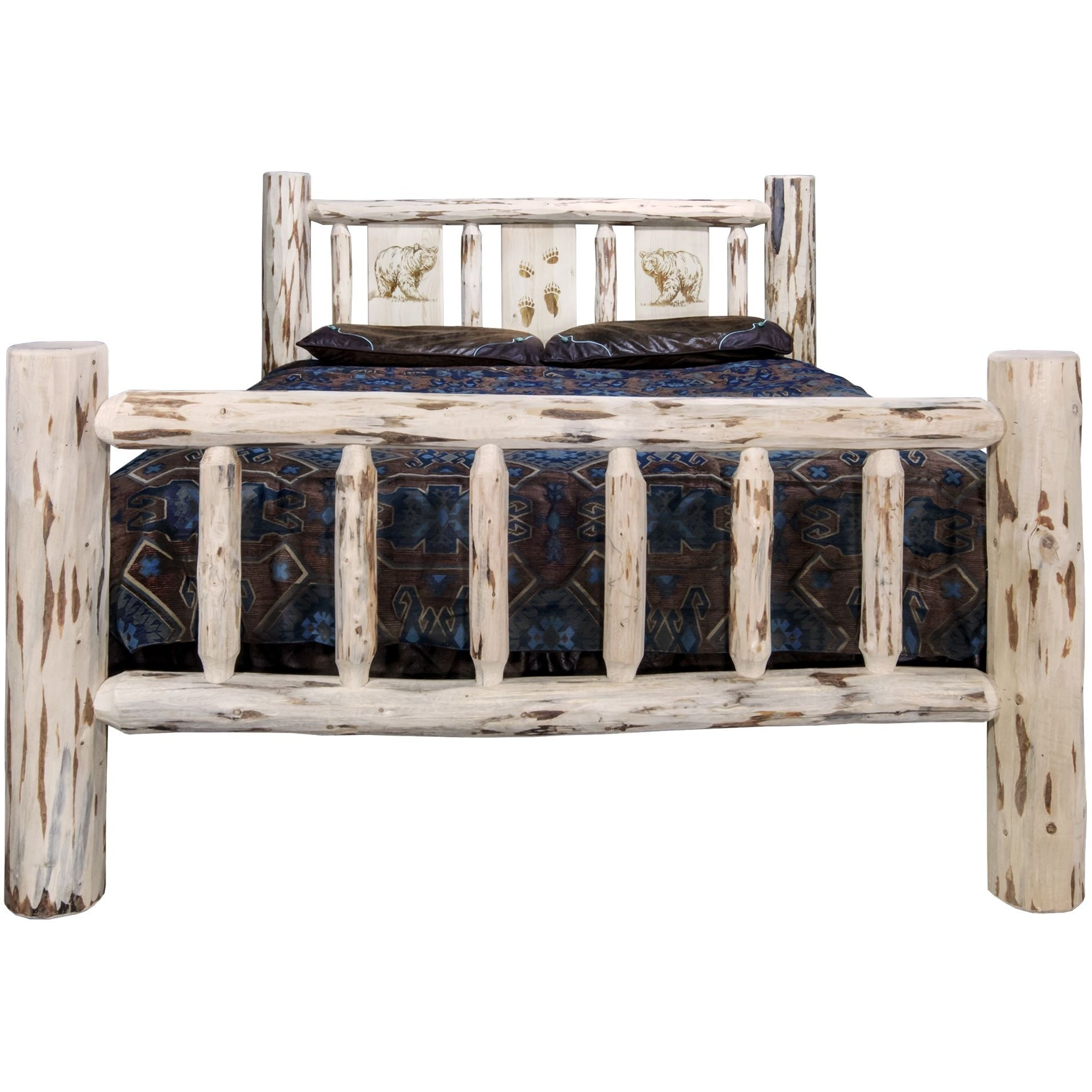 Montana Collection King Bed w/ Laser Engraved Bear Design, Clear Lacquer Finish