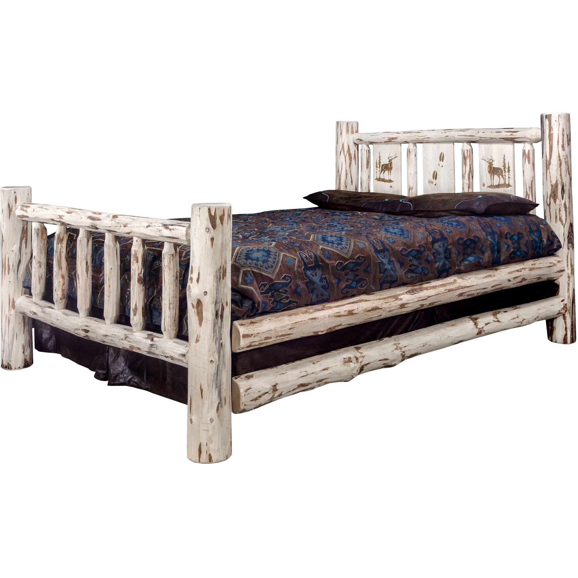 Montana Collection California King Bed w/ Laser Engraved Elk Design, Clear Lacquer Finish