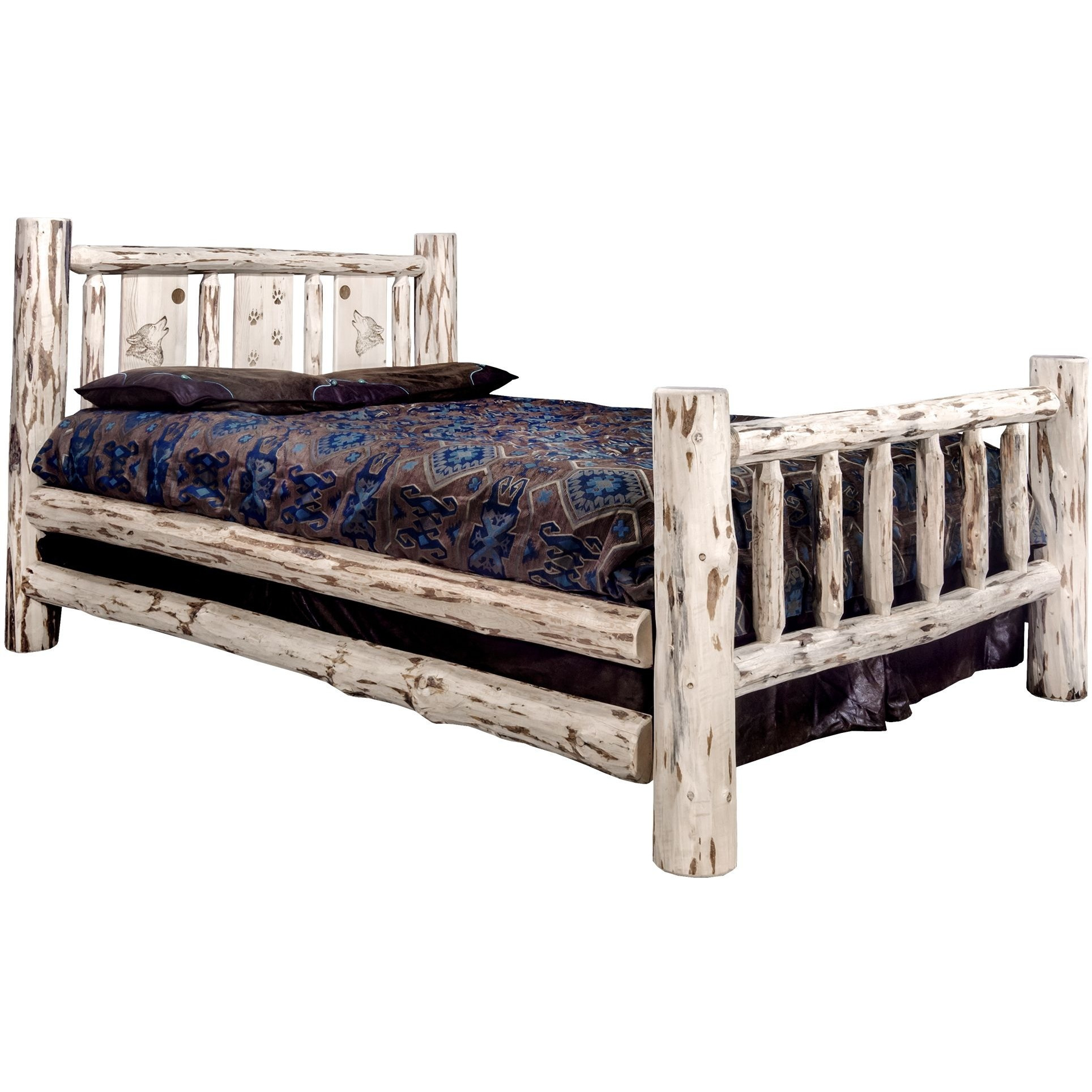 Montana Collection California King Bed w/ Laser Engraved Wolf Design, Clear Lacquer Finish