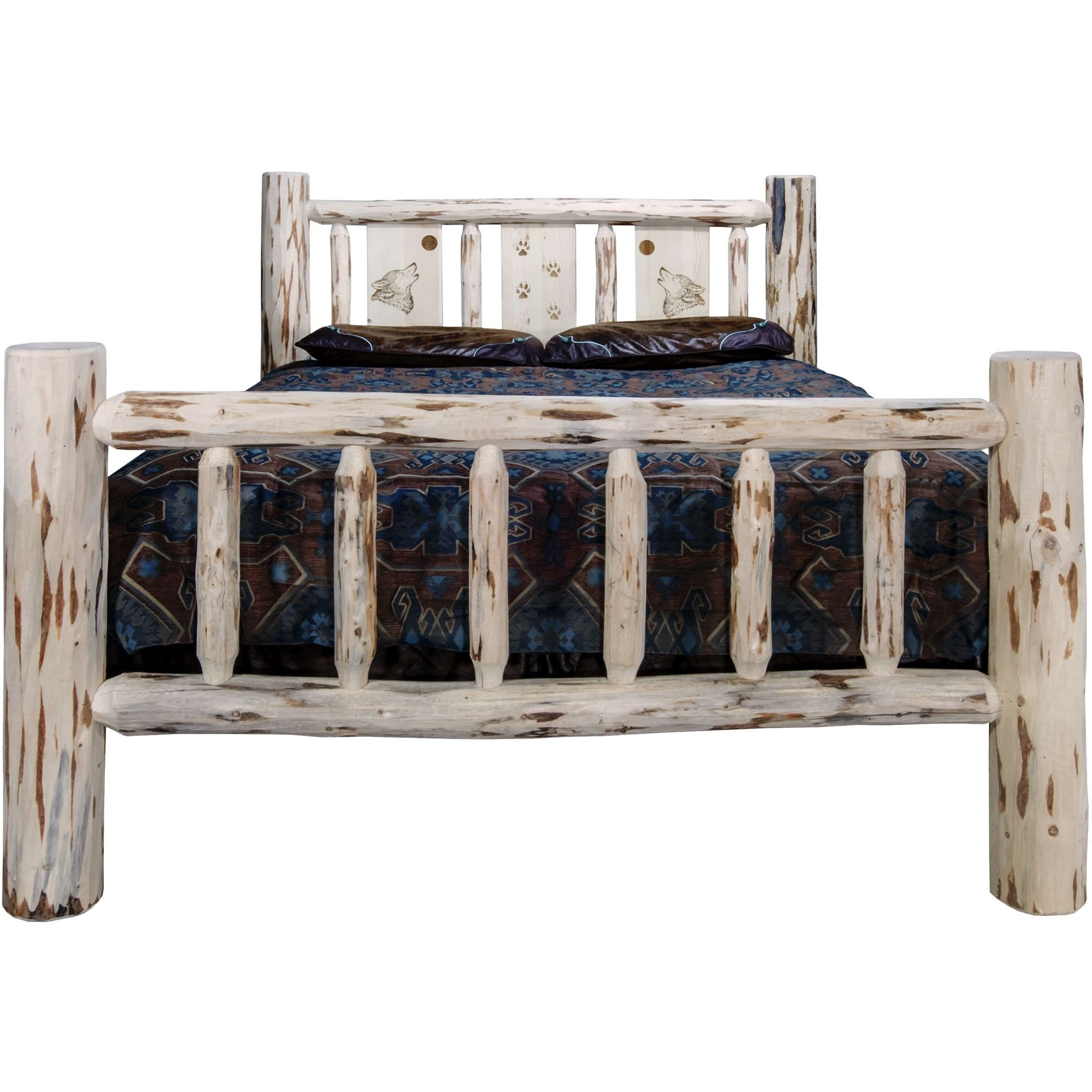 Montana Collection California King Bed w/ Laser Engraved Wolf Design, Clear Lacquer Finish