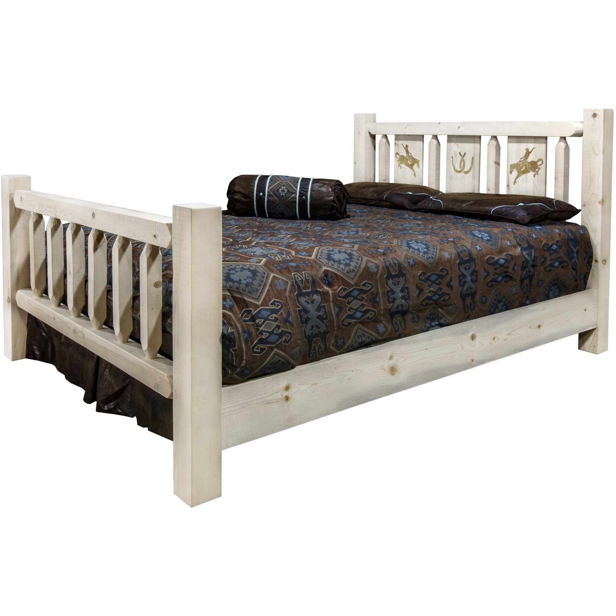 Homestead Collection King Bed w/ Laser Engraved Bronc Design, Clear Lacquer Finish
