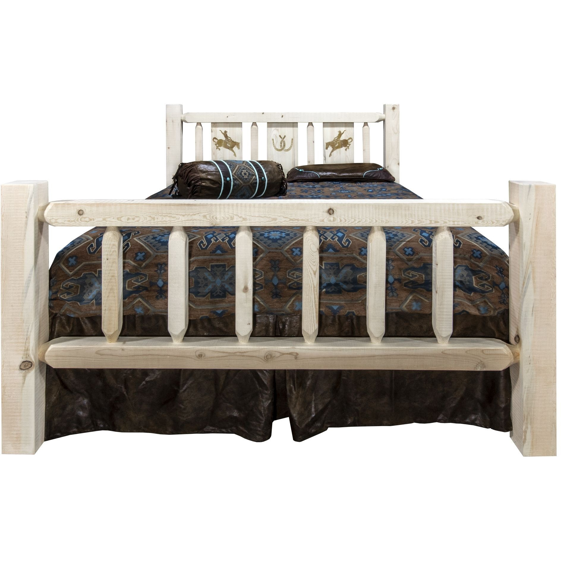 Homestead Collection King Bed w/ Laser Engraved Bronc Design, Clear Lacquer Finish
