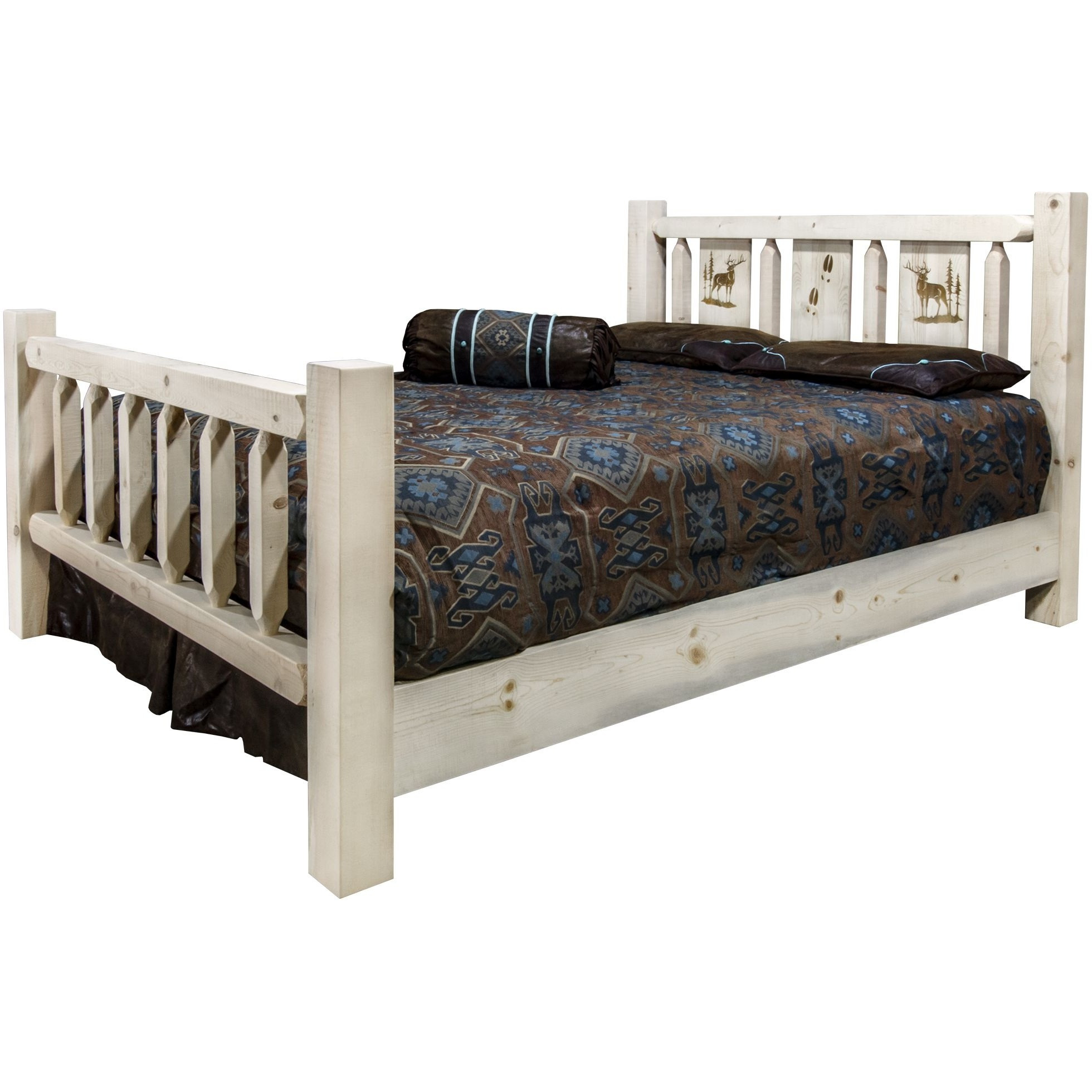 Homestead Collection California King Bed w/ Laser Engraved Elk Design, Clear Lacquer Finish