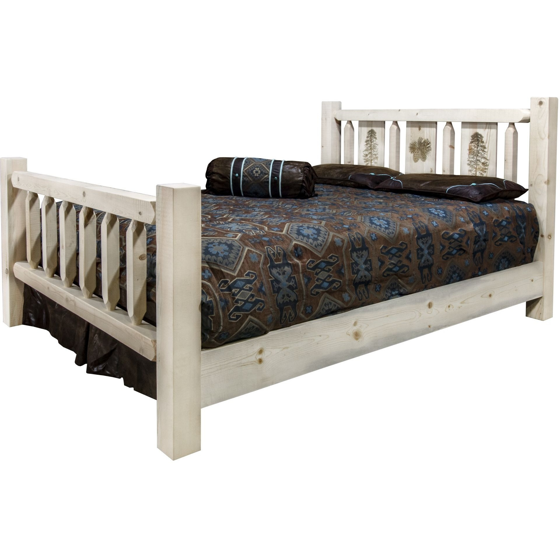 Homestead Collection California King Bed w/ Laser Engraved Pine Tree Design, Clear Lacquer Finish