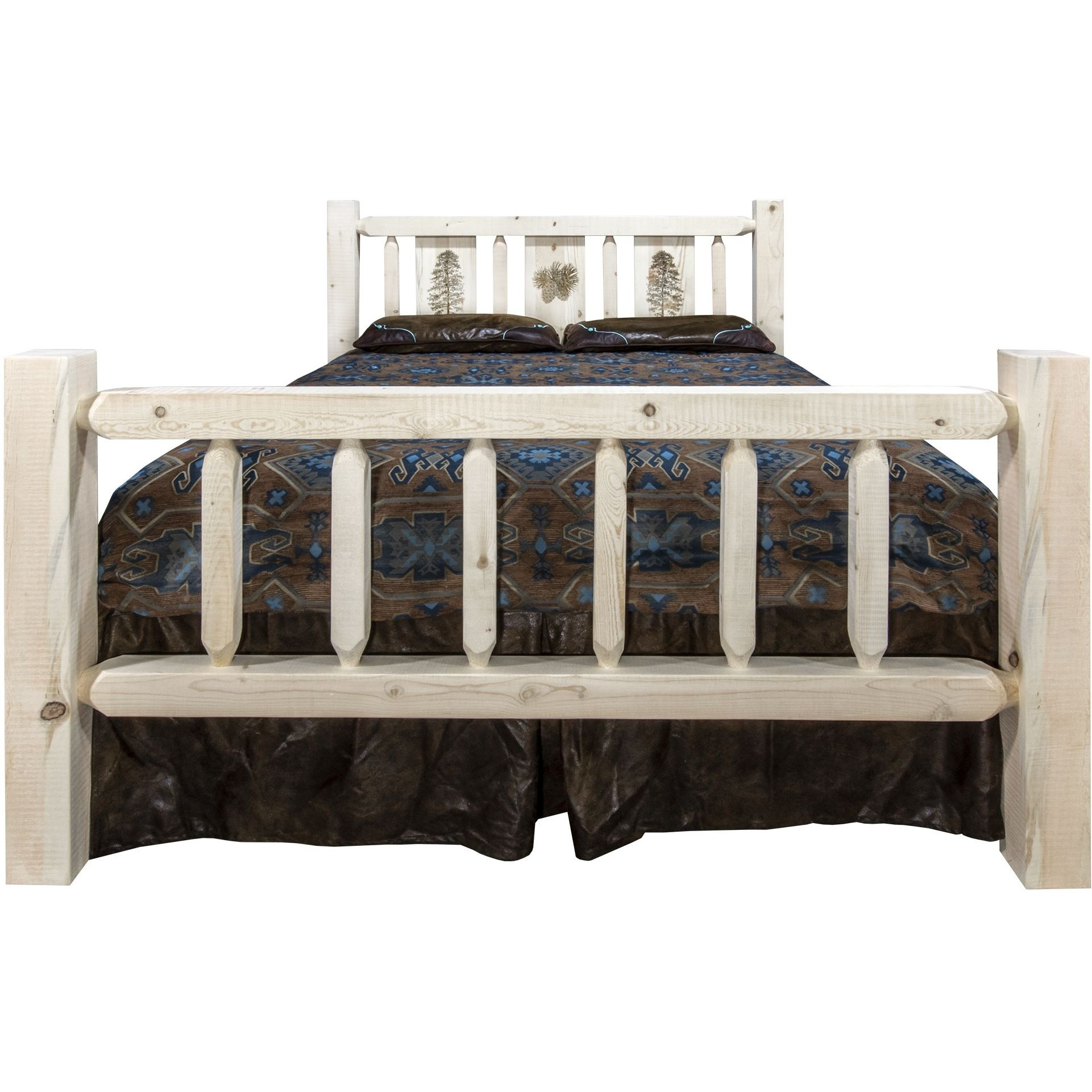 Homestead Collection California King Bed w/ Laser Engraved Pine Tree Design, Clear Lacquer Finish