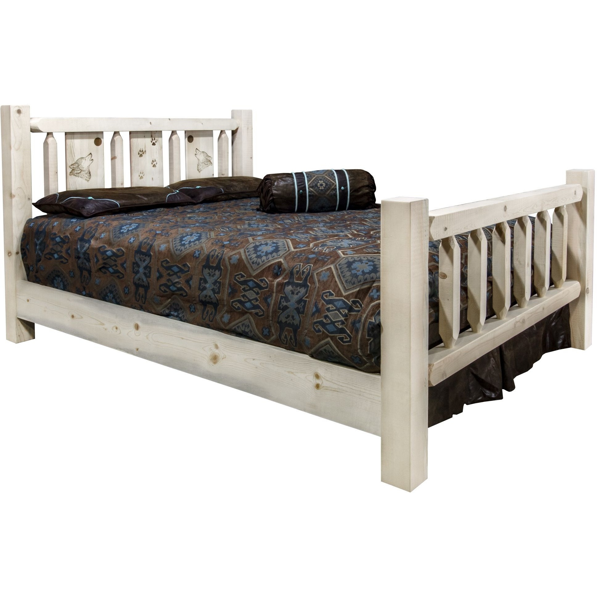 Homestead Collection California King Bed w/ Laser Engraved Wolf Design, Clear Lacquer Finish