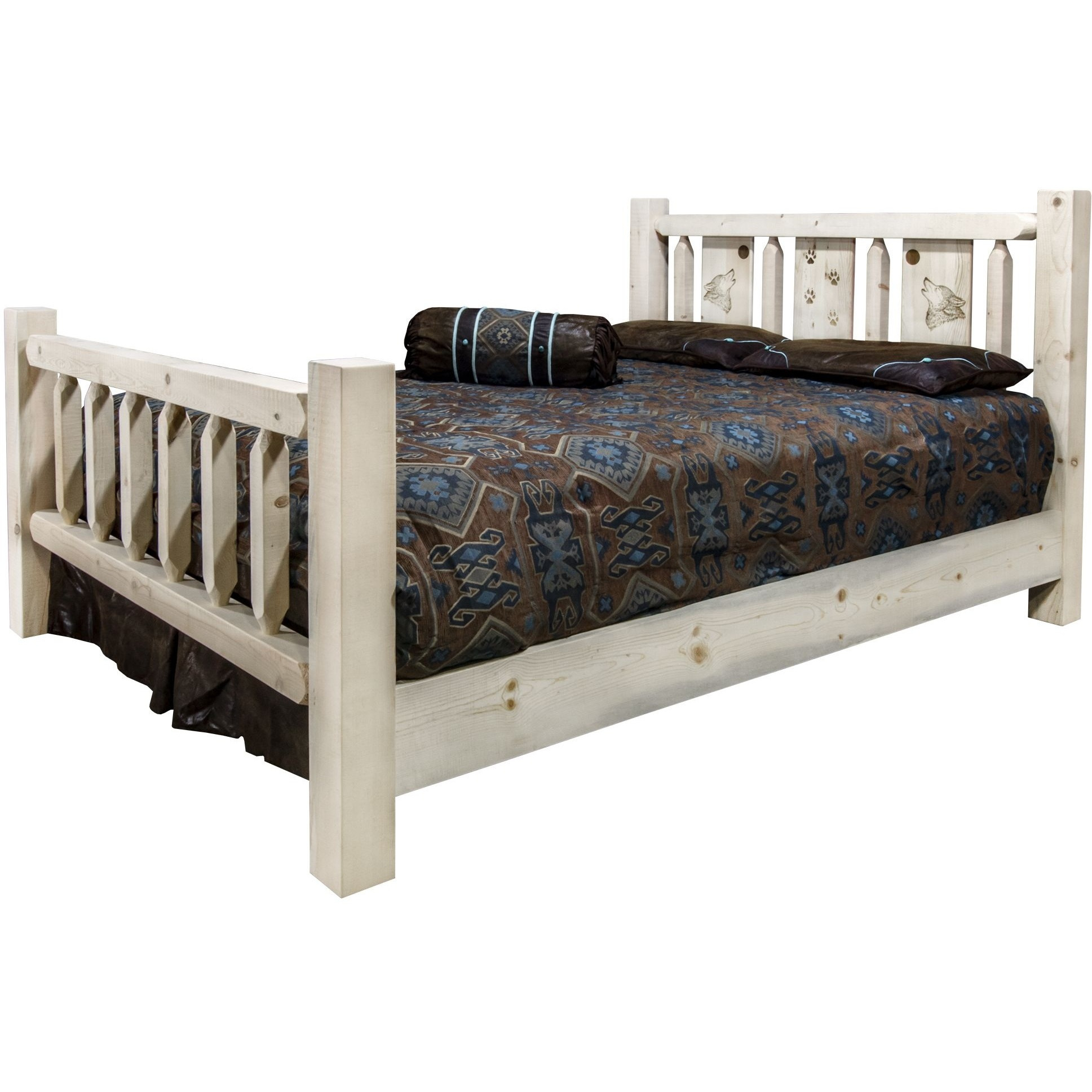Homestead Collection California King Bed w/ Laser Engraved Wolf Design, Clear Lacquer Finish