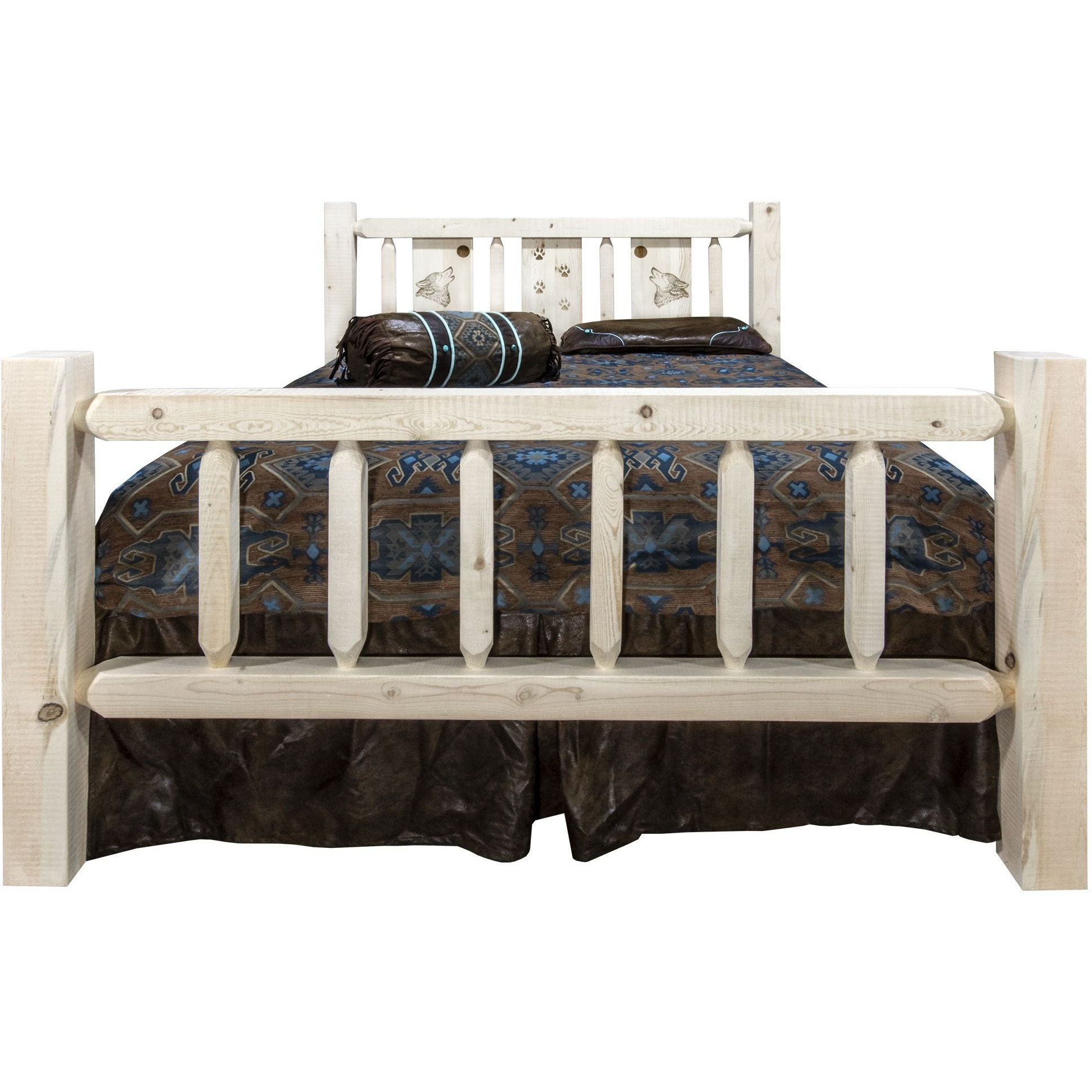 Homestead Collection California King Bed w/ Laser Engraved Wolf Design, Clear Lacquer Finish