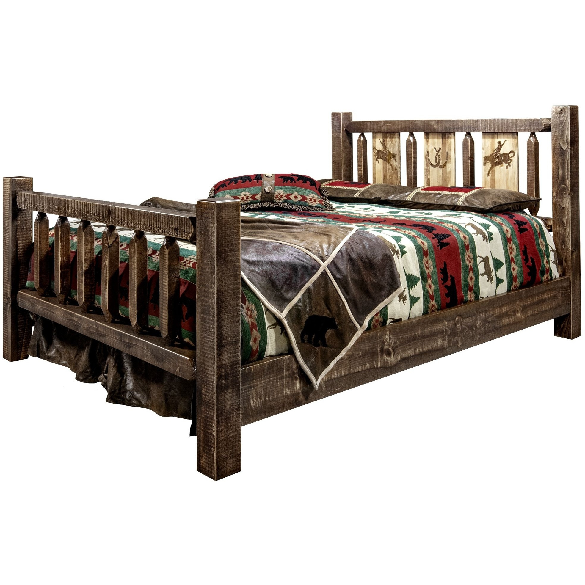 Homestead Collection Queen Bed w/ Laser Engraved Bronc Design, Stain & Clear Lacquer Finish