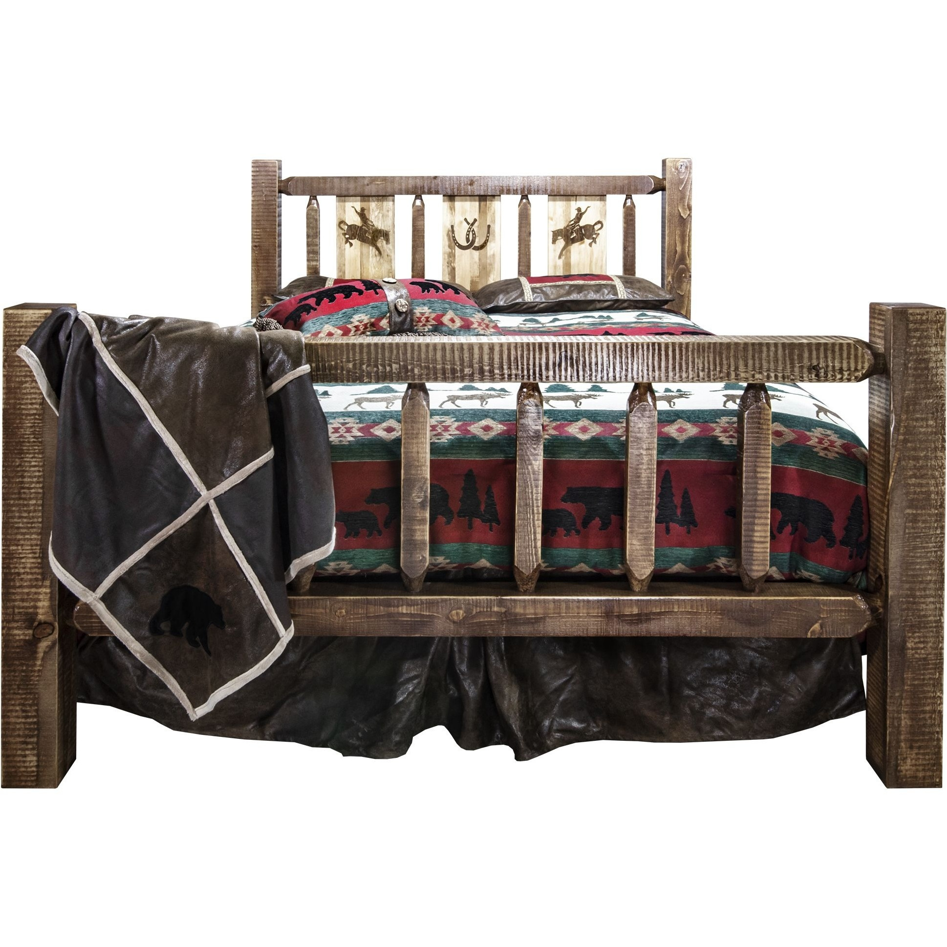 Homestead Collection Queen Bed w/ Laser Engraved Bronc Design, Stain & Clear Lacquer Finish