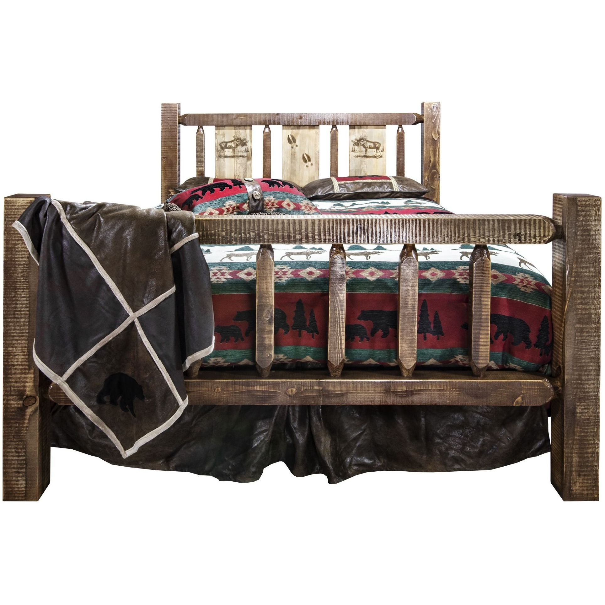 Homestead Collection Queen Bed w/ Laser Engraved Moose Design, Stain & Clear Lacquer Finish
