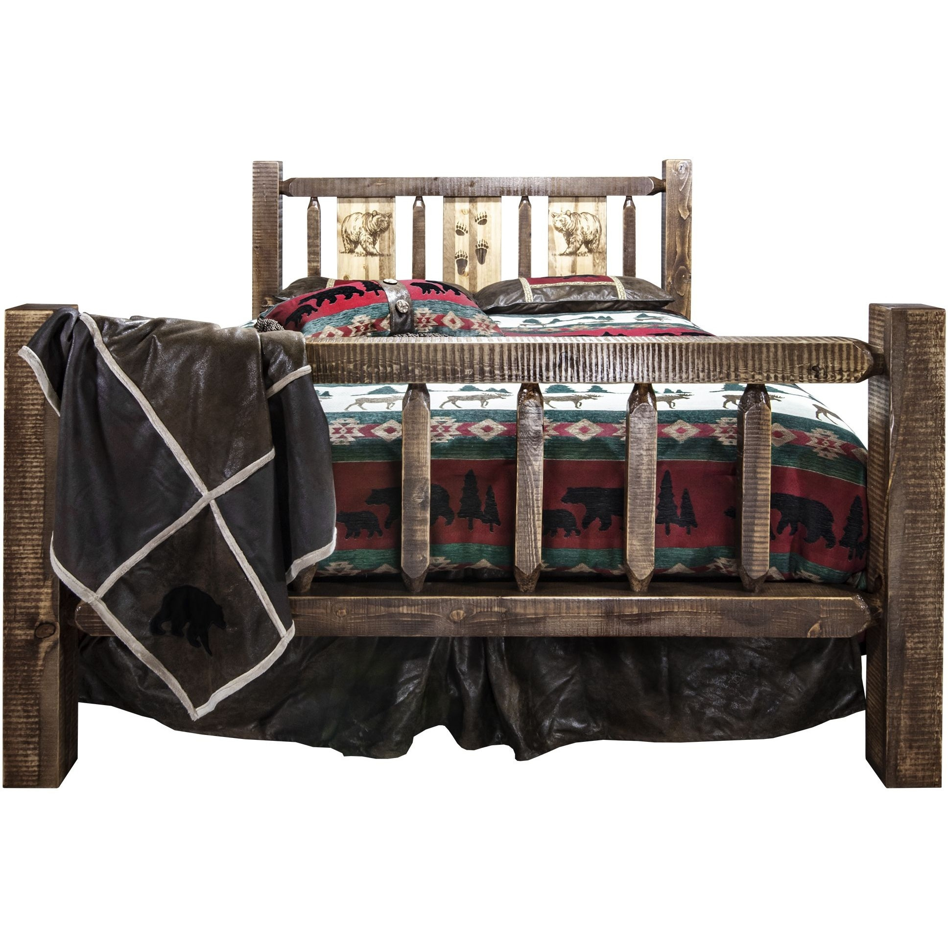 Homestead Collection King Bed w/ Laser Engraved Bear Design, Stain & Clear Lacquer Finish