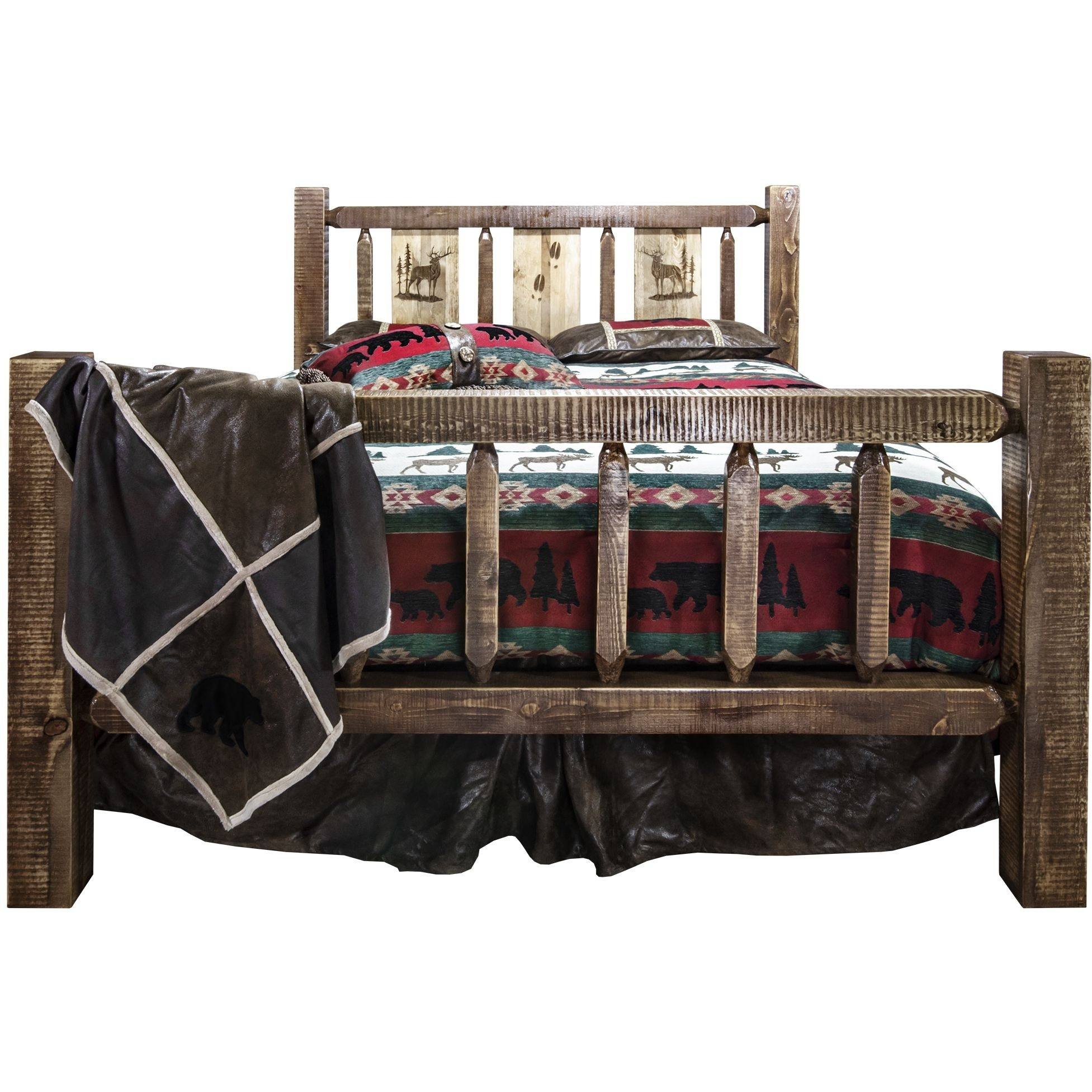 Homestead Collection King Bed w/ Laser Engraved Elk Design, Stain & Clear Lacquer Finish