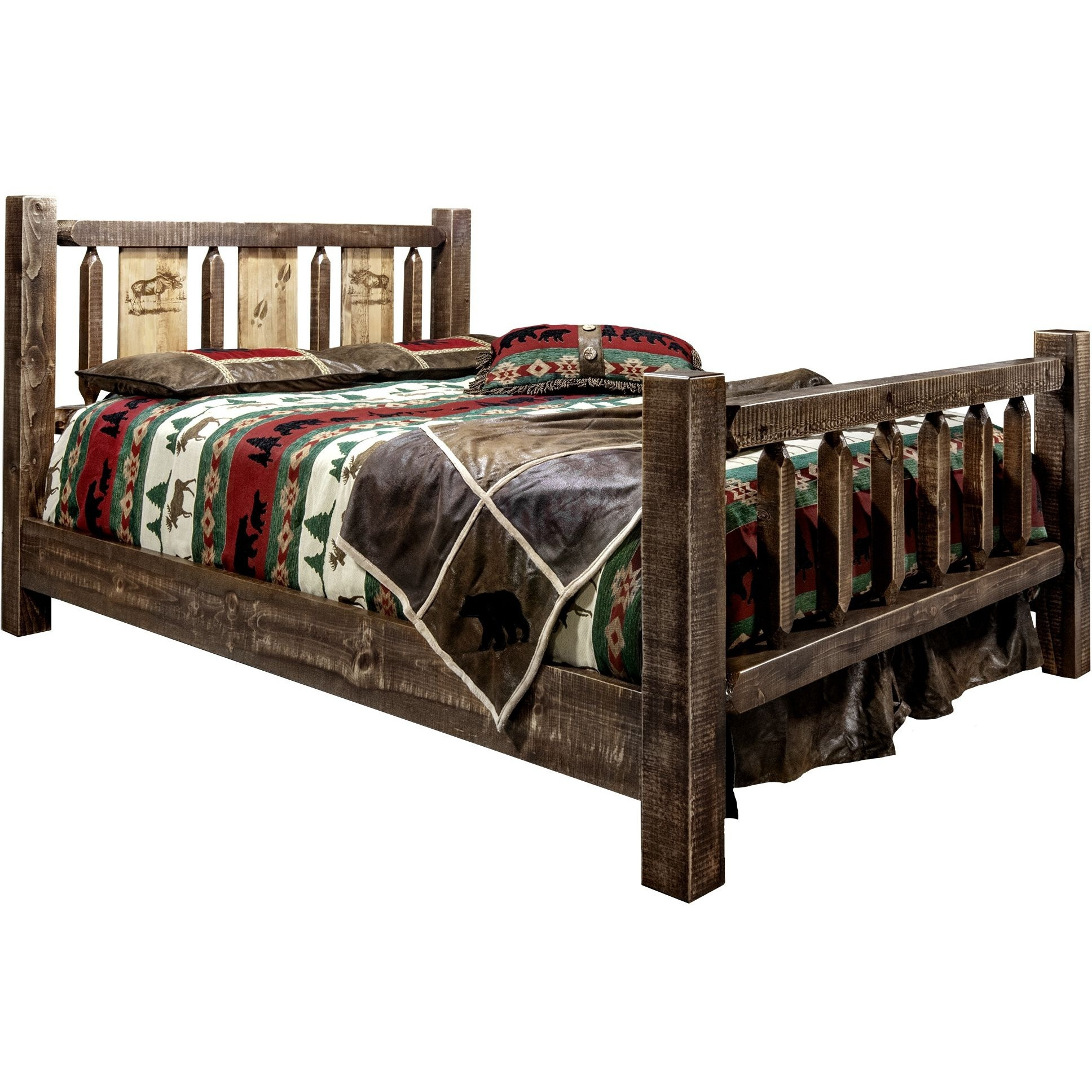 Homestead Collection King Bed w/ Laser Engraved Moose Design, Stain & Clear Lacquer Finish