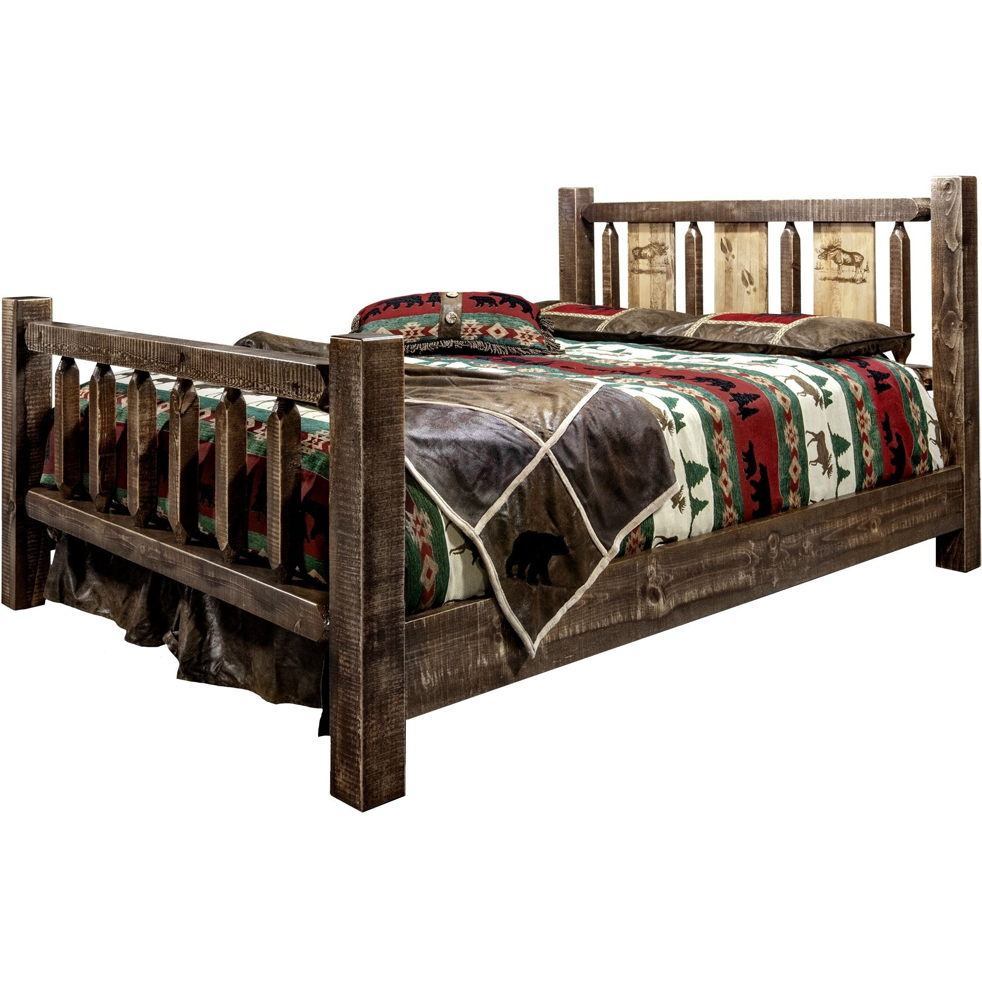 Homestead Collection King Bed w/ Laser Engraved Moose Design, Stain & Clear Lacquer Finish