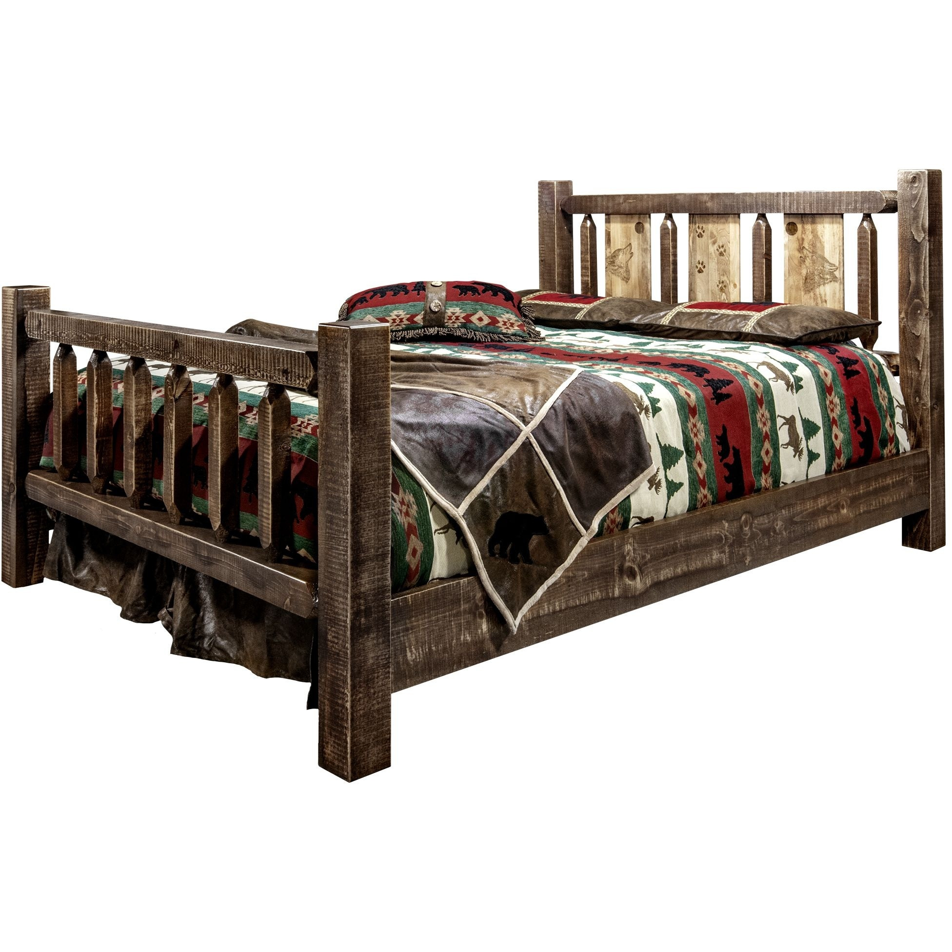 Homestead Collection King Bed w/ Laser Engraved Wolf Design, Stain & Clear Lacquer Finish