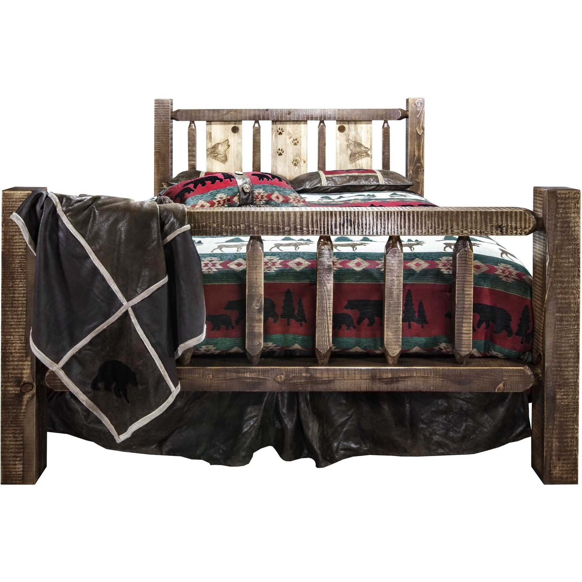 Homestead Collection King Bed w/ Laser Engraved Wolf Design, Stain & Clear Lacquer Finish