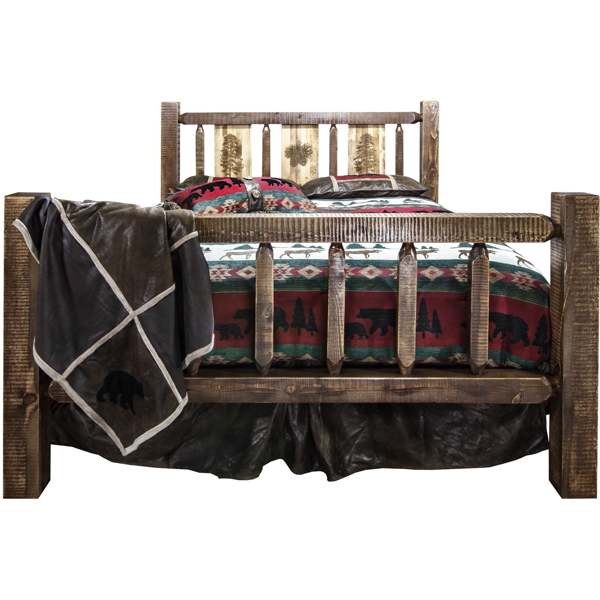 Homestead Collection California King Bed w/ Laser Engraved Pine Tree Design, Stain & Clear Lacquer Finish