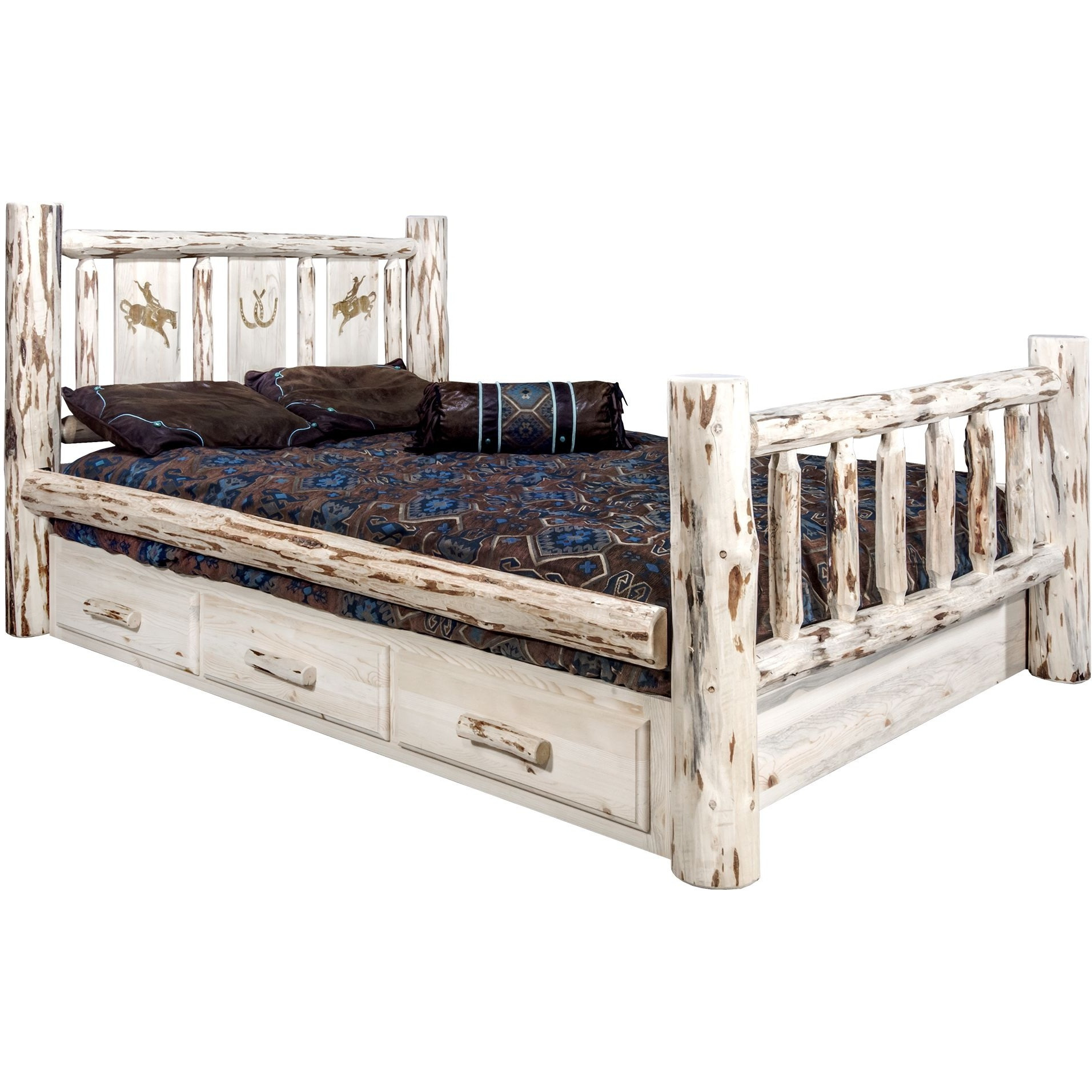 Montana Collection Twin Storage Bed w/ Laser Engraved Bronc Design, Ready to Finish