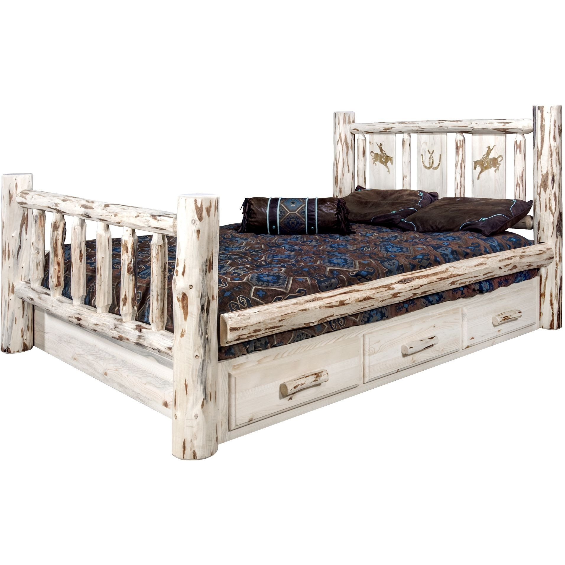 Montana Collection Twin Storage Bed w/ Laser Engraved Bronc Design, Ready to Finish