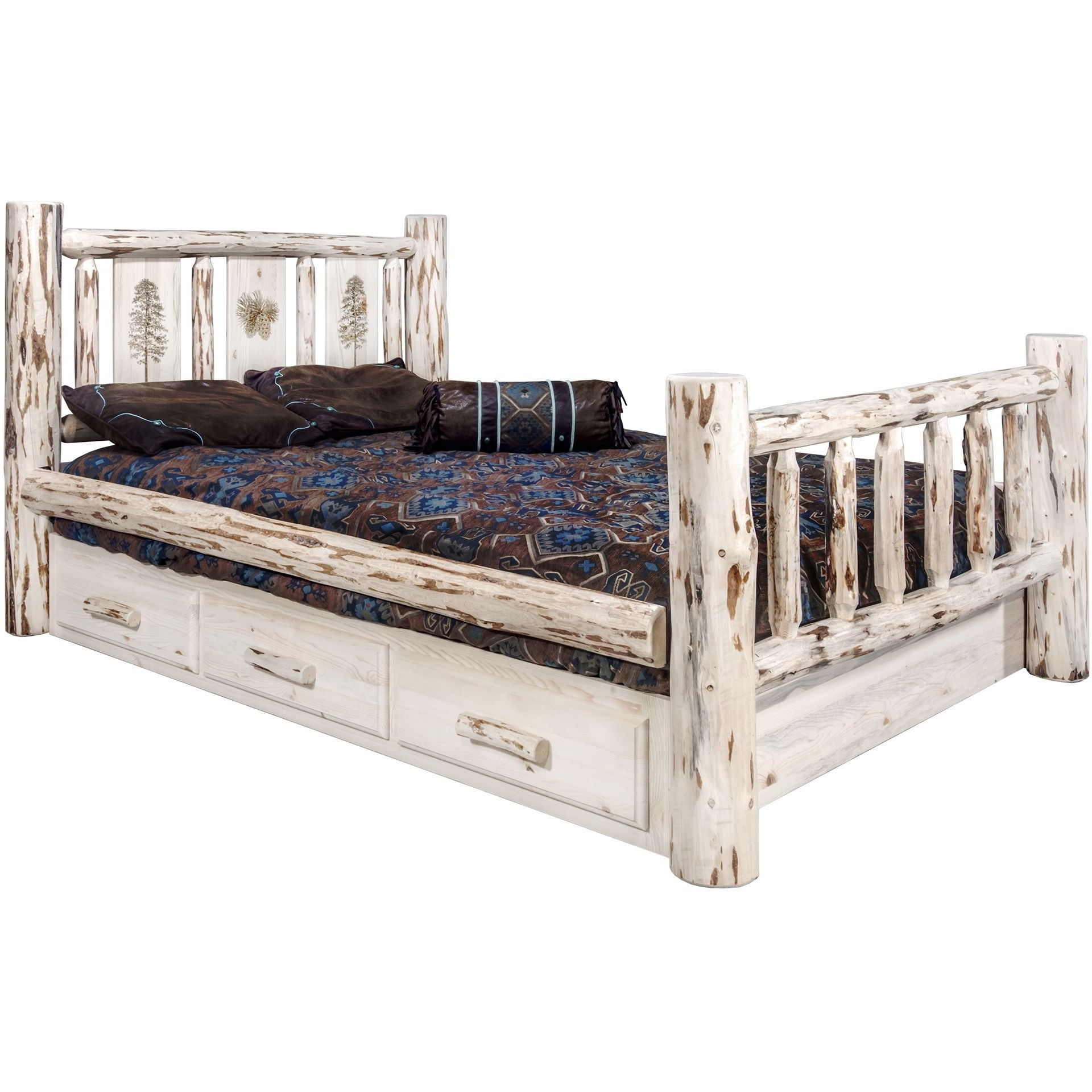 Montana Collection Queen Storage Bed w/ Laser Engraved Pine Design, Ready to Finish