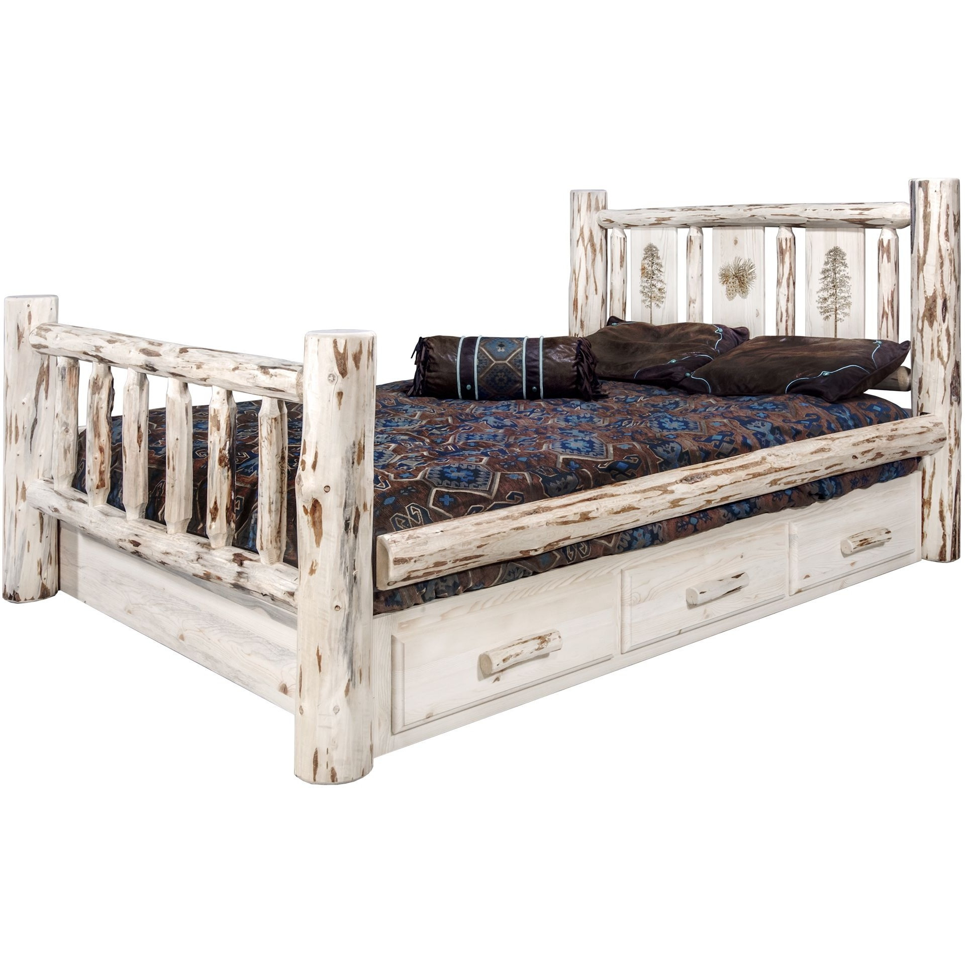 Montana Collection Queen Storage Bed w/ Laser Engraved Pine Design, Ready to Finish