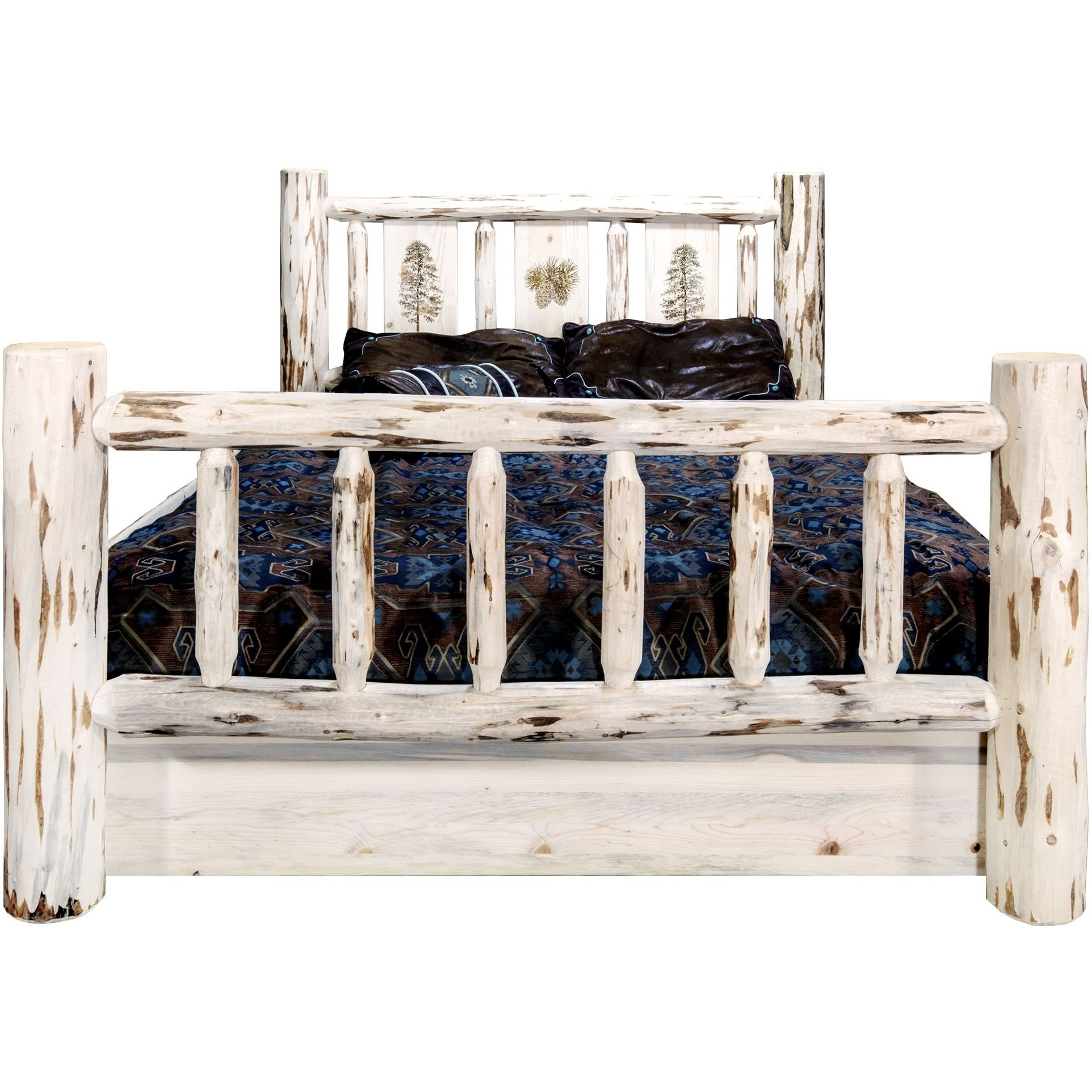 Montana Collection Queen Storage Bed w/ Laser Engraved Pine Design, Ready to Finish
